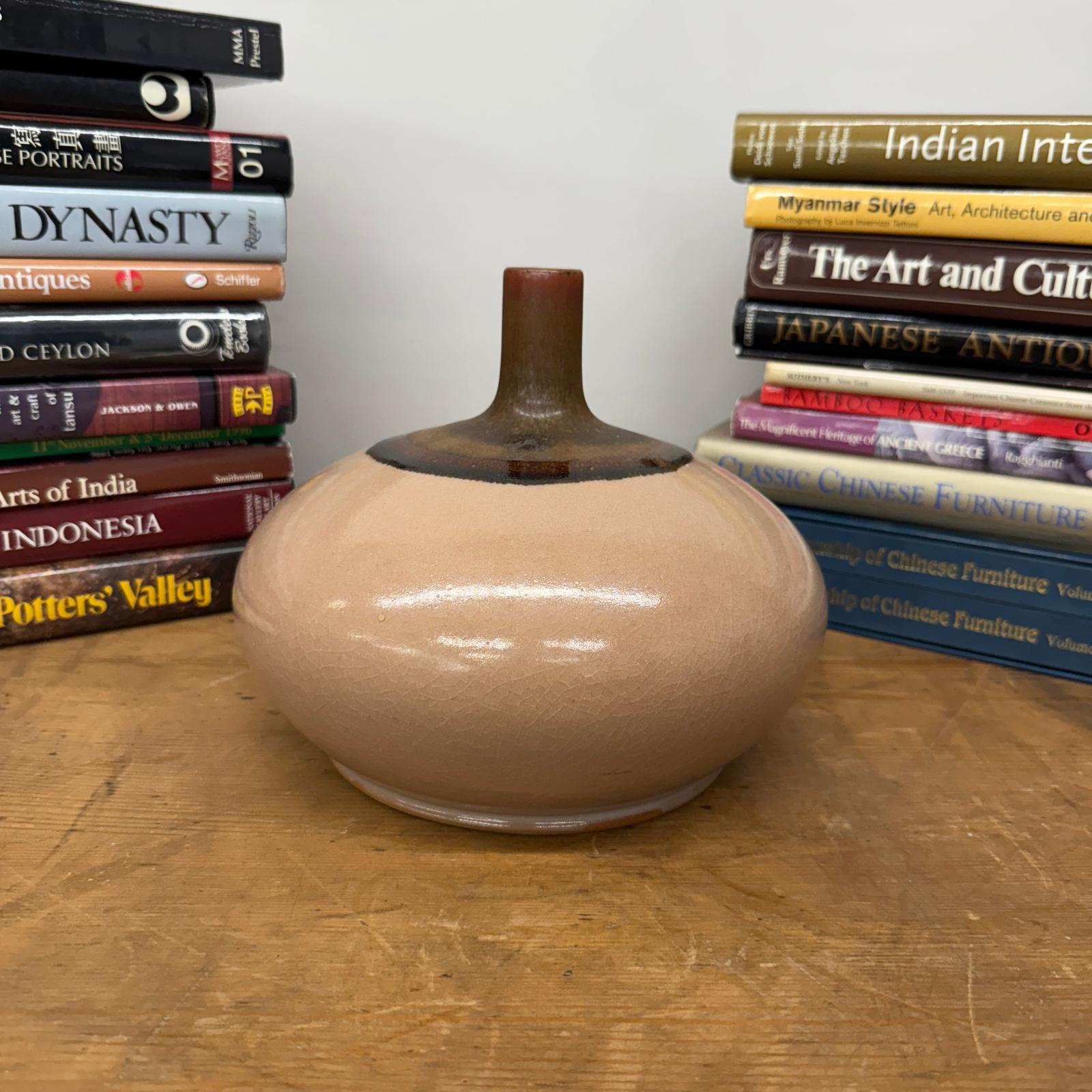 Round Blush Ceramic Vase with Brown Neck and Crackle Glaze, SKU , image 5
