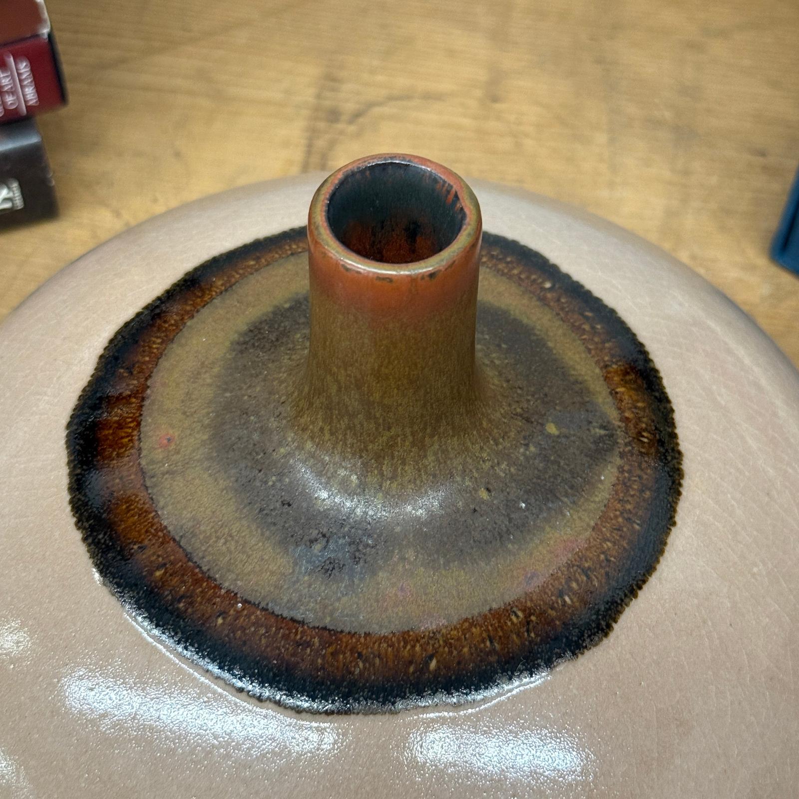 Round Blush Ceramic Vase with Brown Neck and Crackle Glaze, SKU , image 9