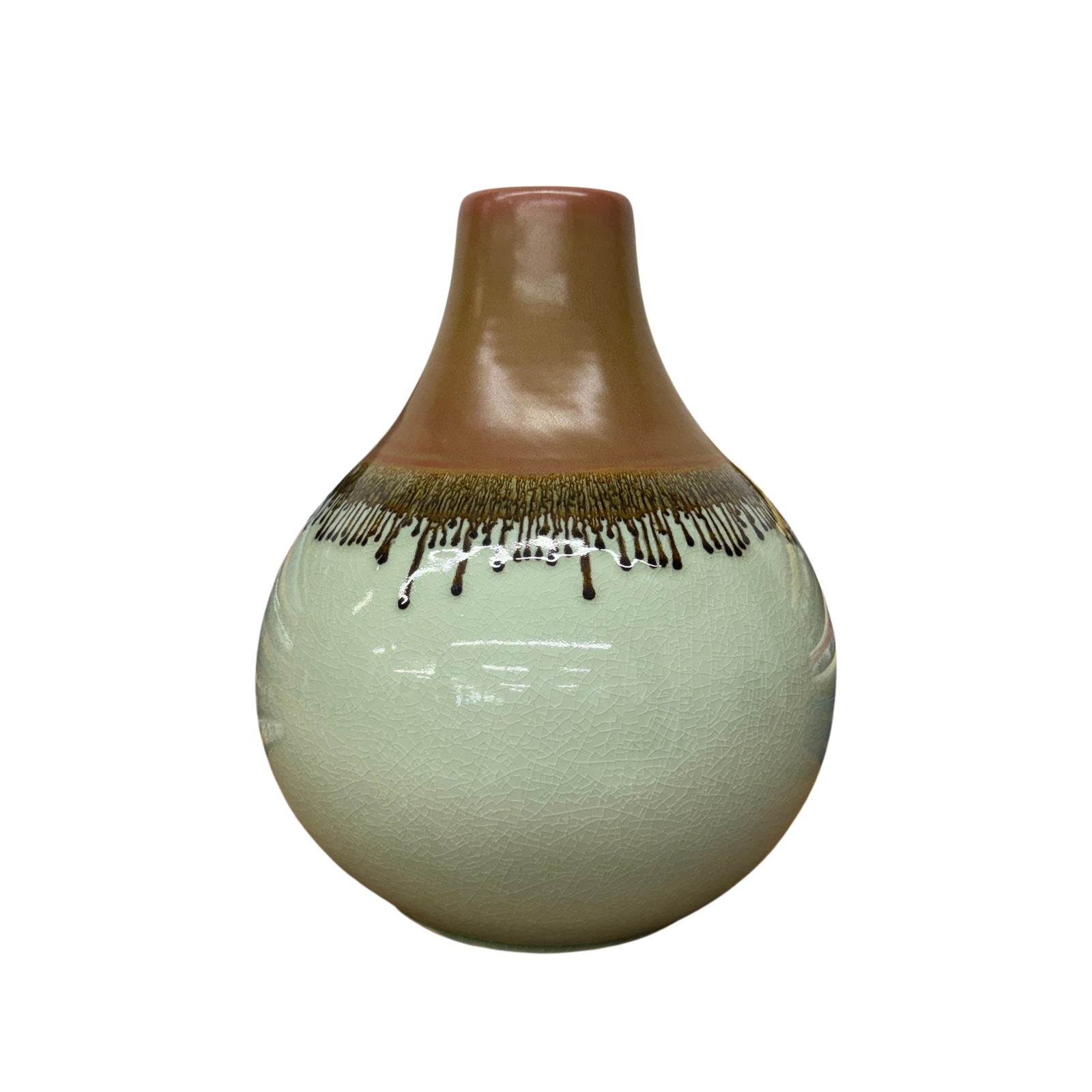 Round Celadon Green &amp; Brown Ceramic Drip Design Vase - FEA Home