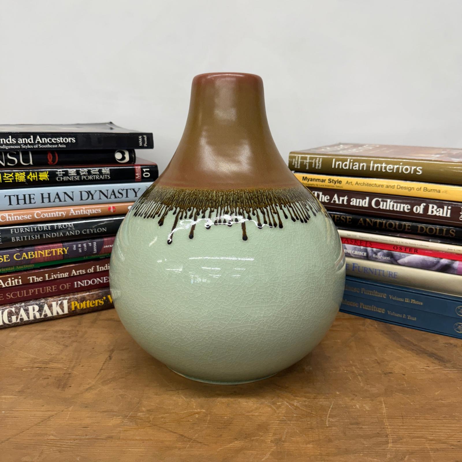 Round Celadon Green &amp; Brown Ceramic Drip Design Vase - FEA Home