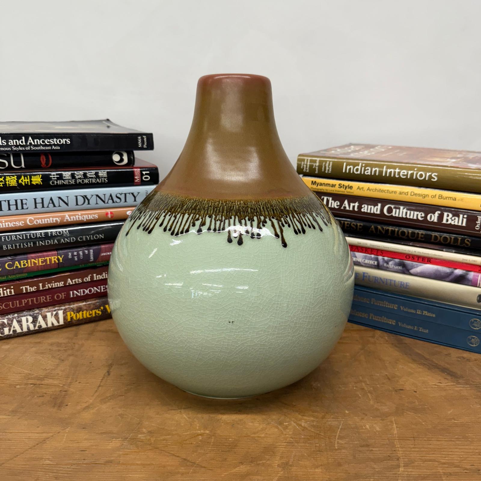 Round Celadon Green &amp; Brown Ceramic Drip Design Vase - FEA Home
