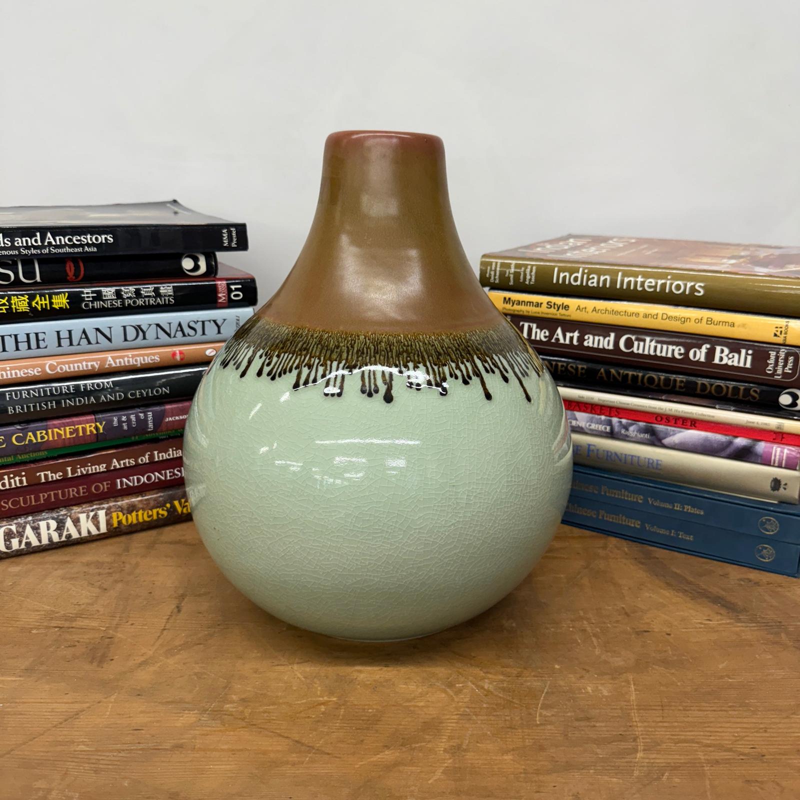Round Celadon Green &amp; Brown Ceramic Drip Design Vase - FEA Home