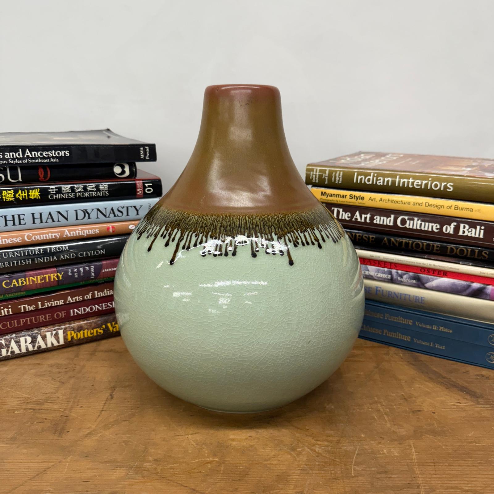 Round Celadon Green &amp; Brown Ceramic Drip Design Vase - FEA Home