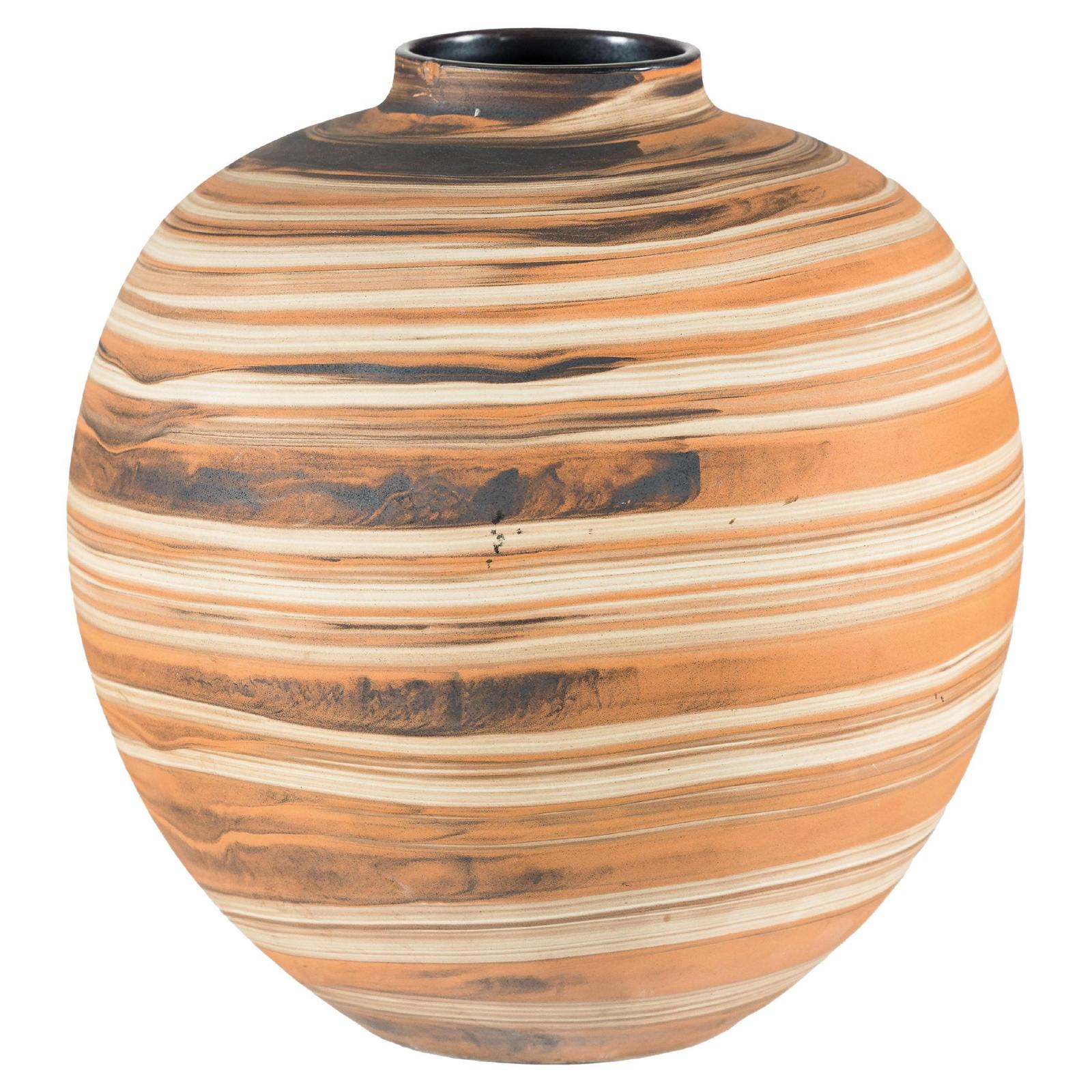 Earth-tone ceramic vase with swirled design and small top opening, close-up view.