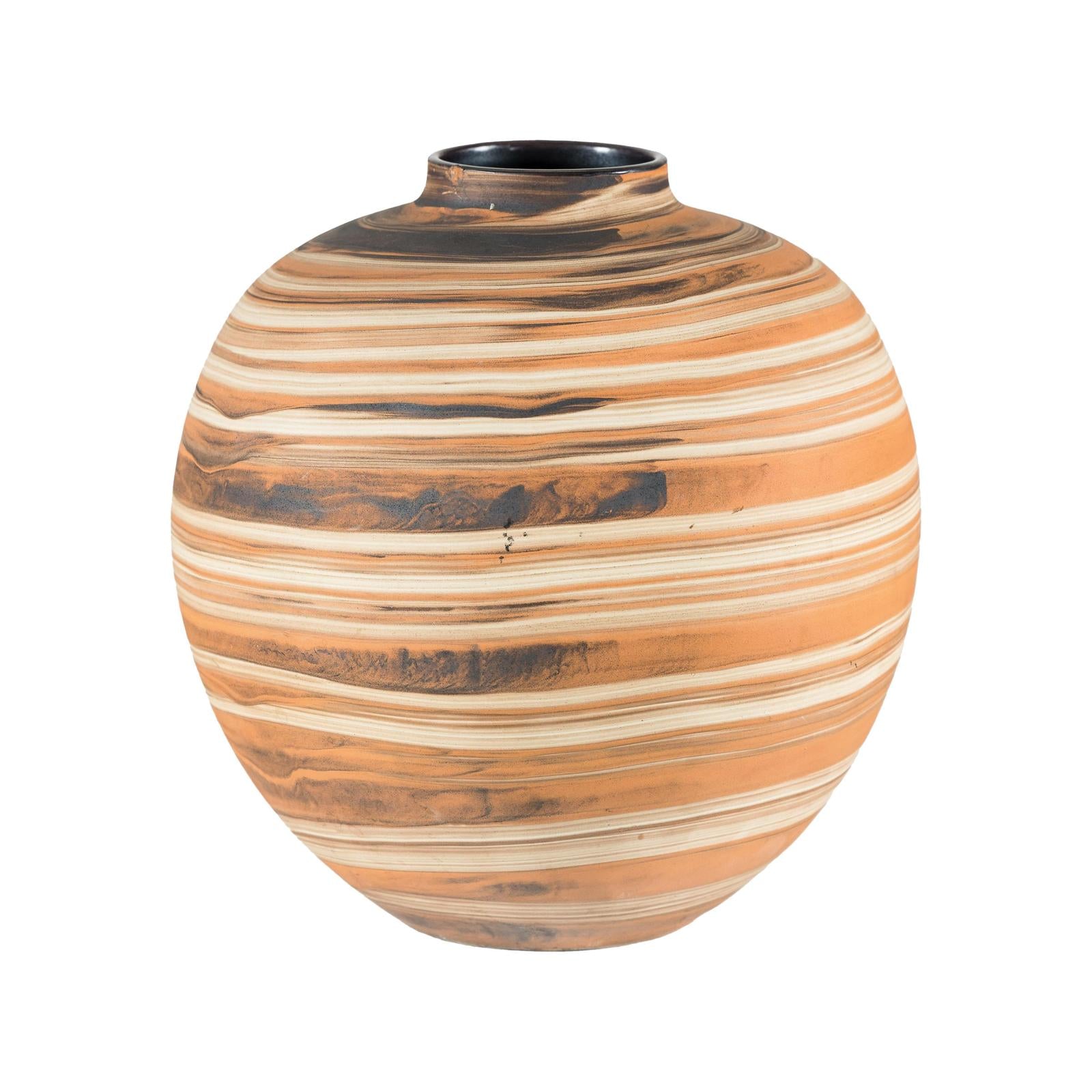 Round Ceramic Artisan Vase with Swirled Earth-Tone Design