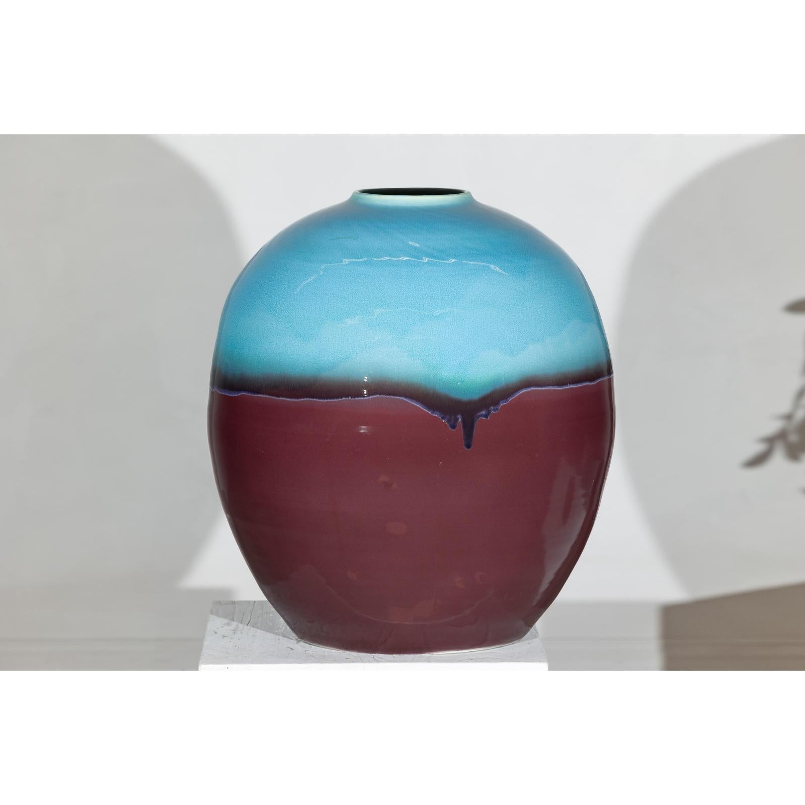 Round Ceramic Vase with Turquoise Glaze &amp; Brown Bottom