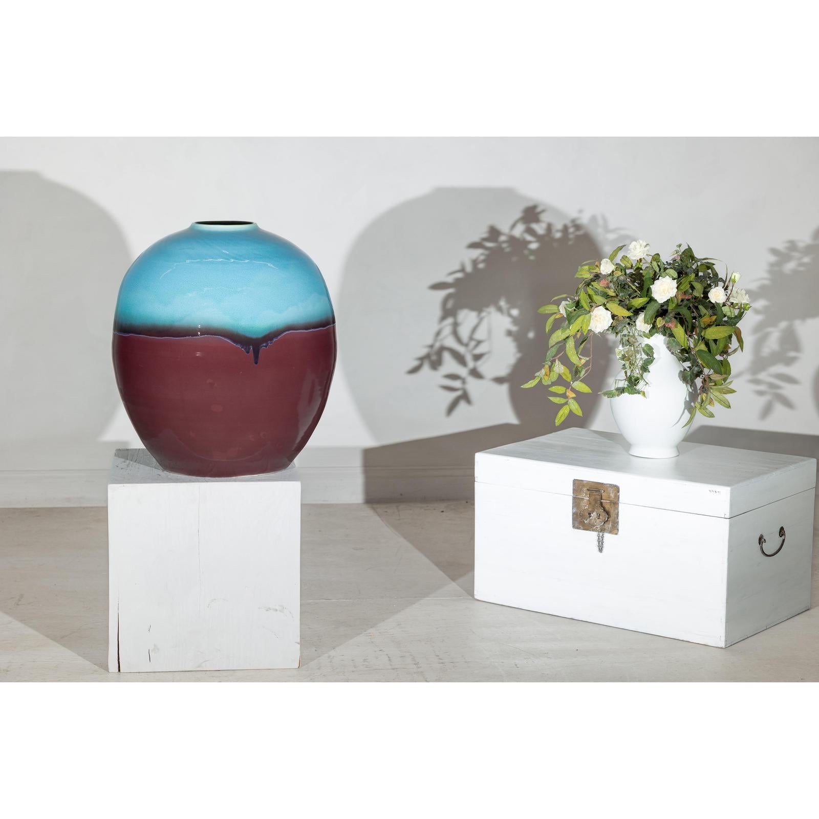 Round Ceramic Vase with Turquoise Glaze &amp; Brown Bottom