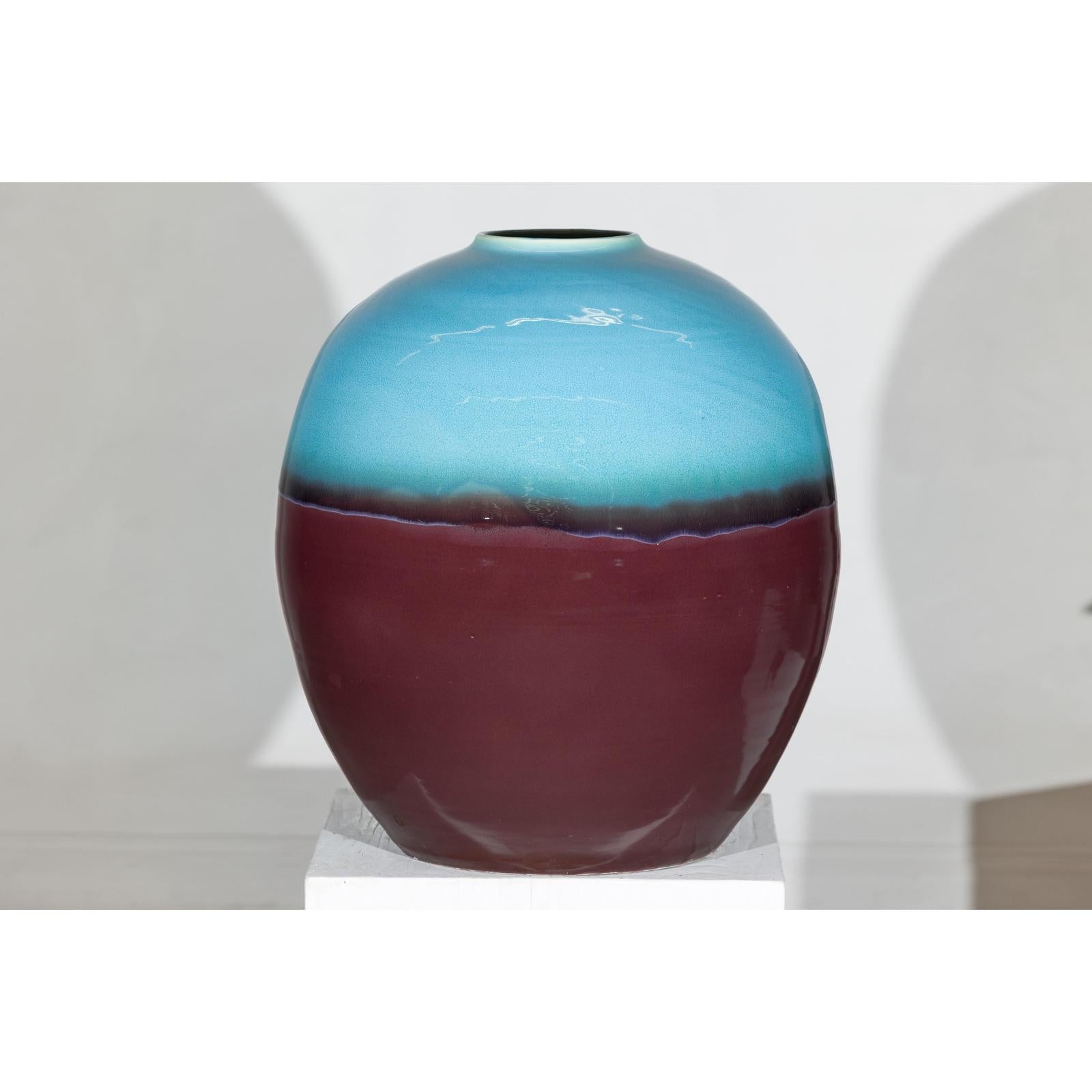 Round Ceramic Vase with Turquoise Glaze &amp; Brown Bottom