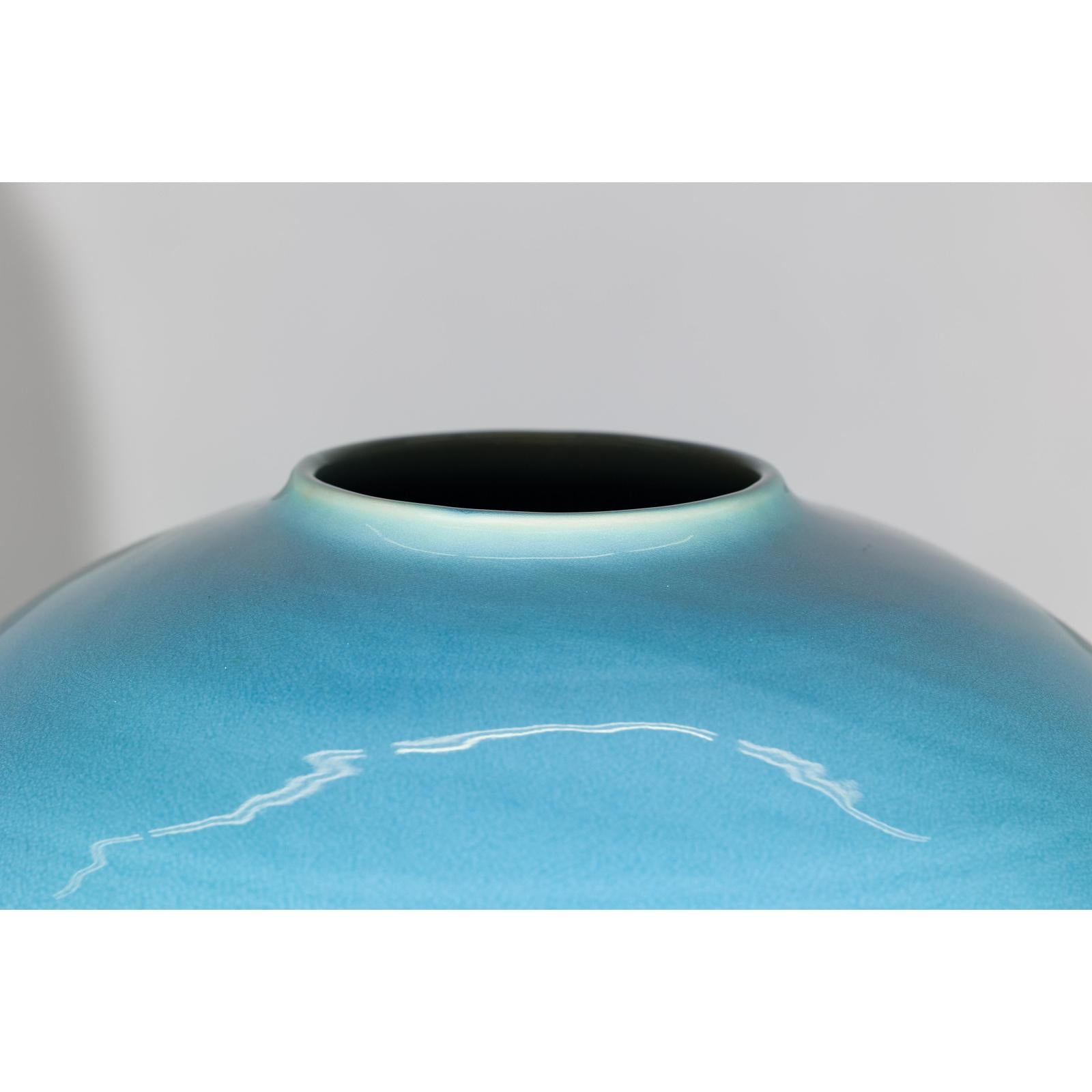 Round Ceramic Vase with Turquoise Glaze &amp; Brown Bottom