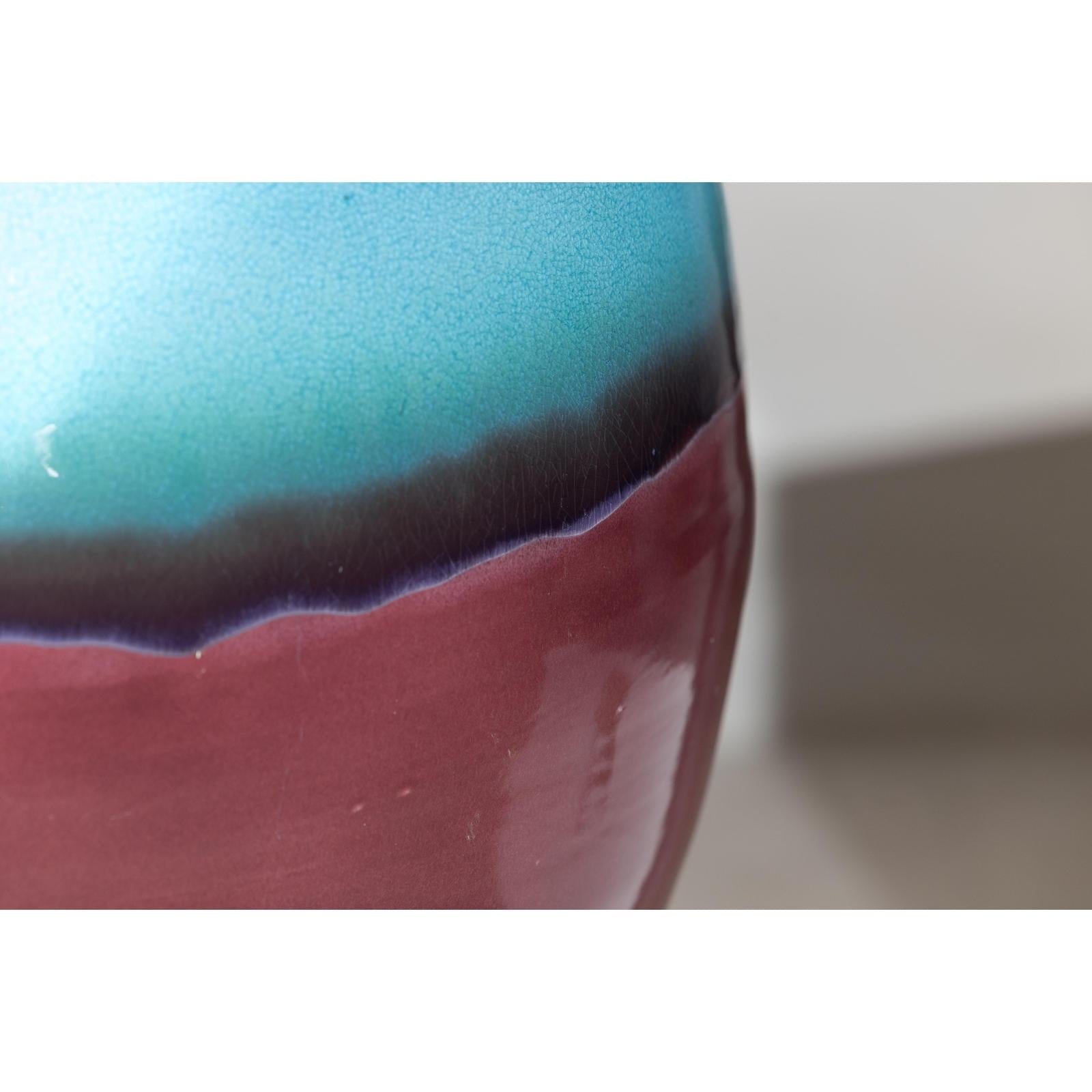 Round Ceramic Vase with Turquoise Glaze &amp; Brown Bottom