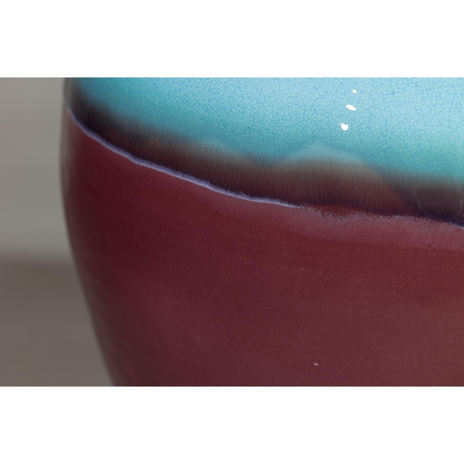 Round Ceramic Vase with Turquoise Glaze &amp; Brown Bottom