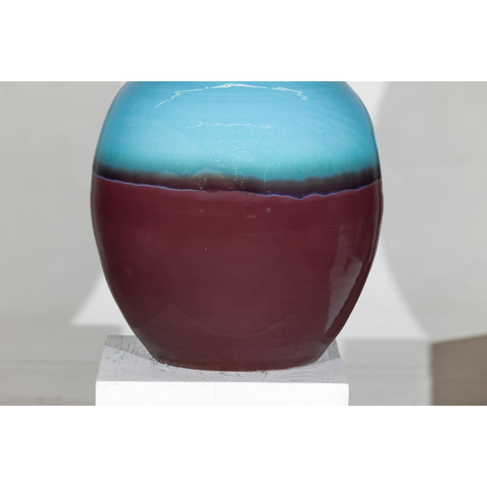 Round Ceramic Vase with Turquoise Glaze &amp; Brown Bottom