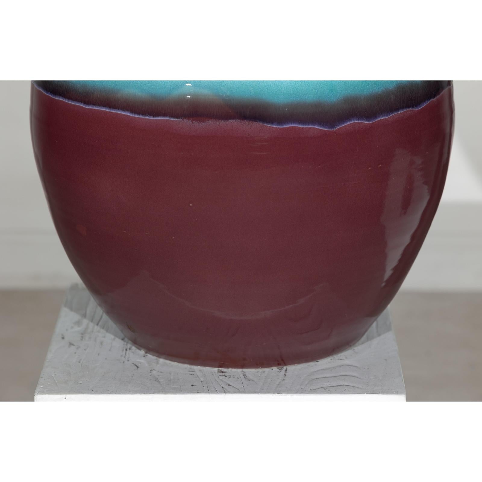 Round Ceramic Vase with Turquoise Glaze &amp; Brown Bottom