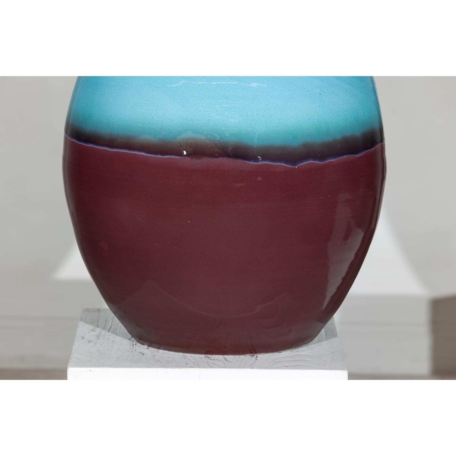 Round Ceramic Vase with Turquoise Glaze &amp; Brown Bottom