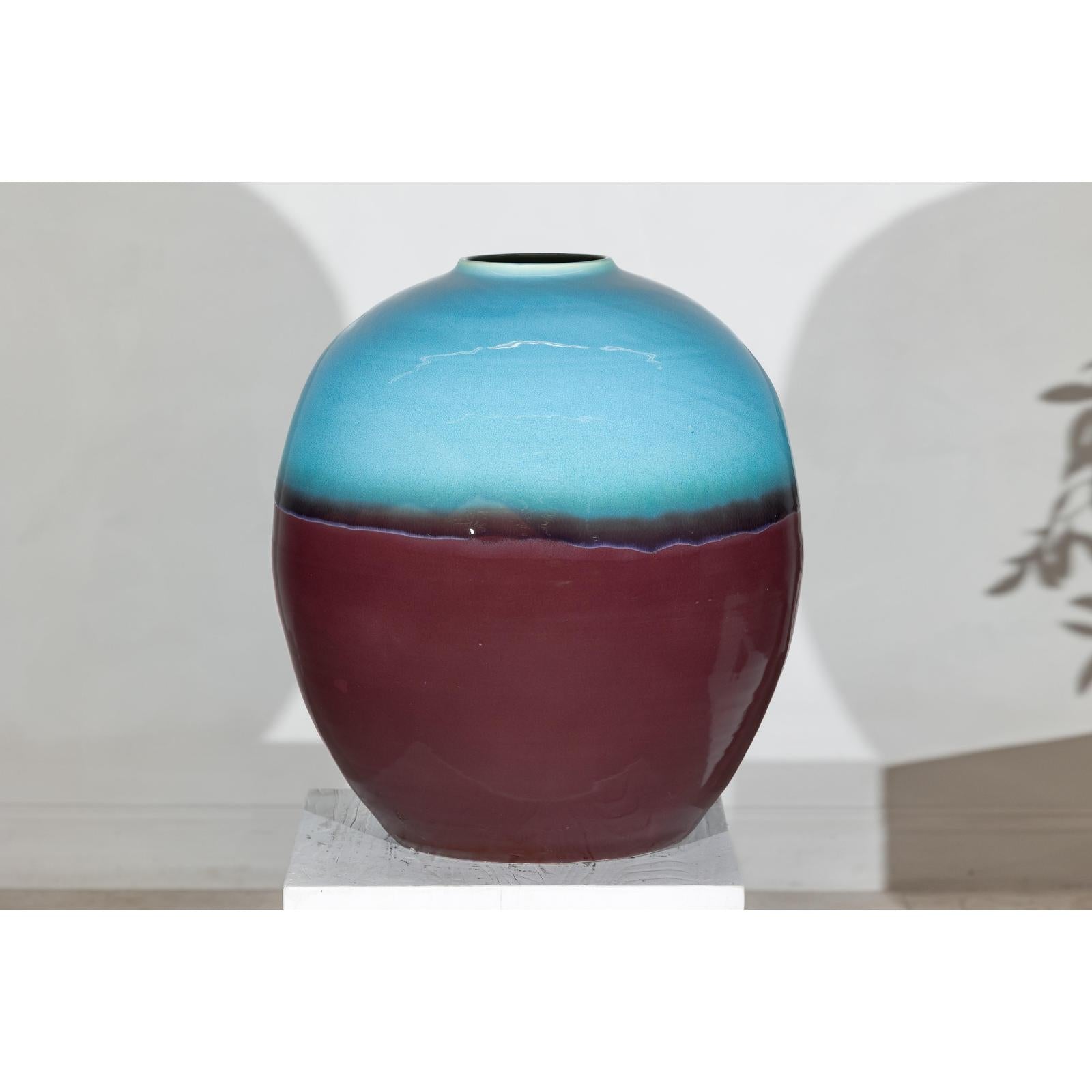 Round Ceramic Vase with Turquoise Glaze &amp; Brown Bottom