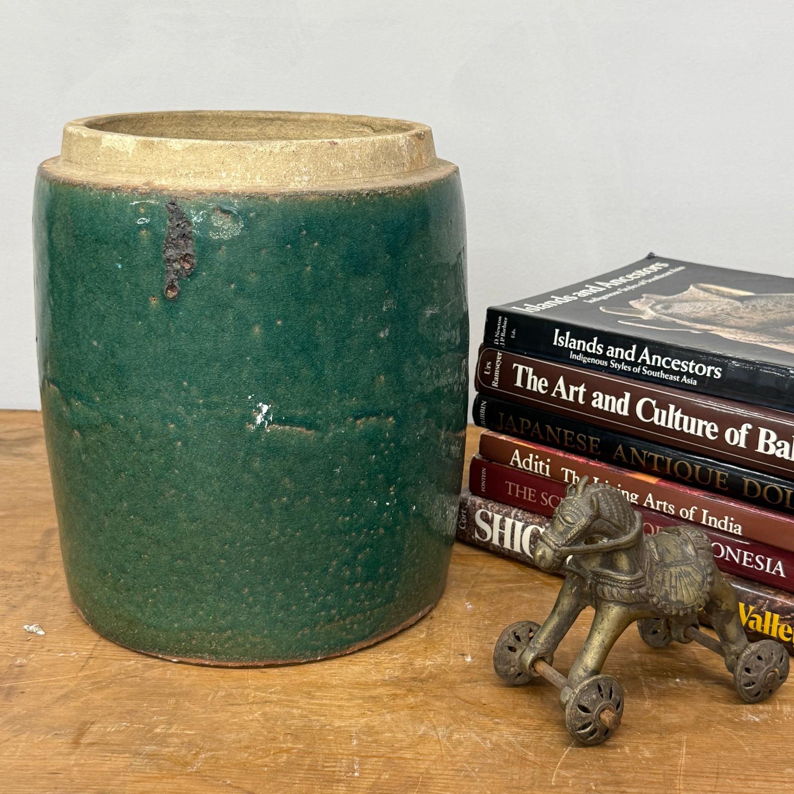 Round Green Glazed Ceramic Jar with Chinese Markings - FEA Home