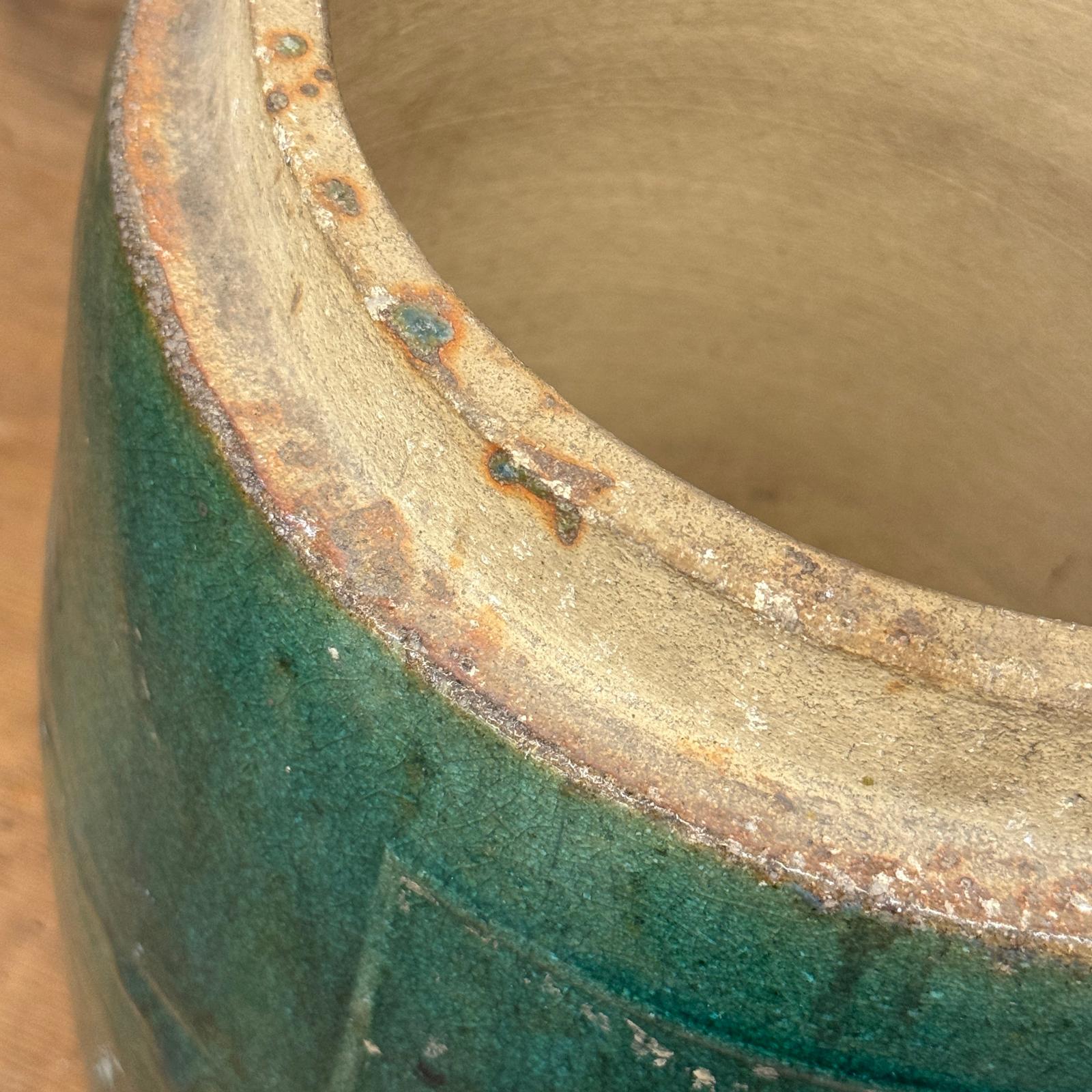 Round Green Glazed Ceramic Jar with Chinese Markings - FEA Home
