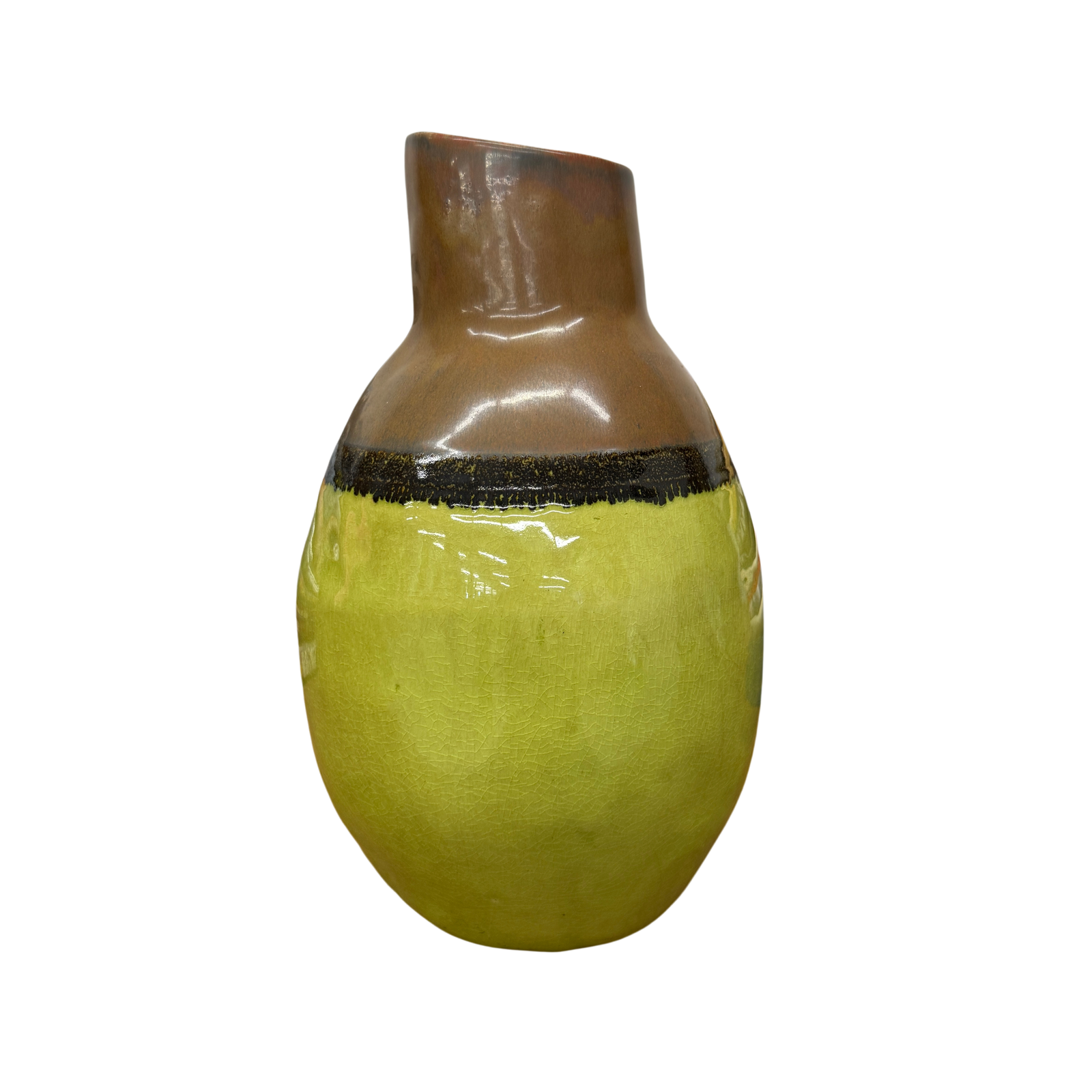 Round Pistachio Green Ceramic Vase with Brown Curved Top - FEA Home
