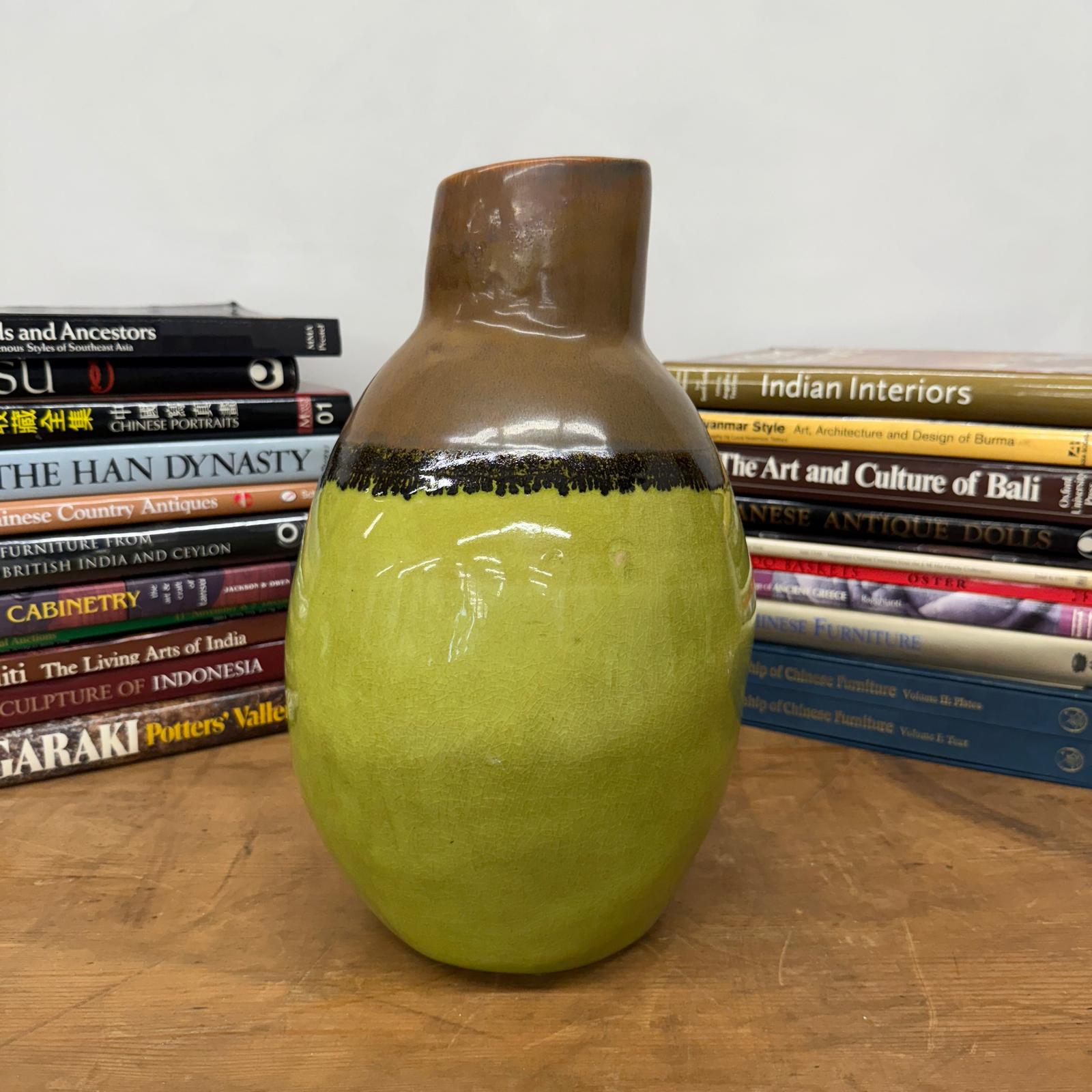 Round Pistachio Green Ceramic Vase with Brown Curved Top - FEA Home
