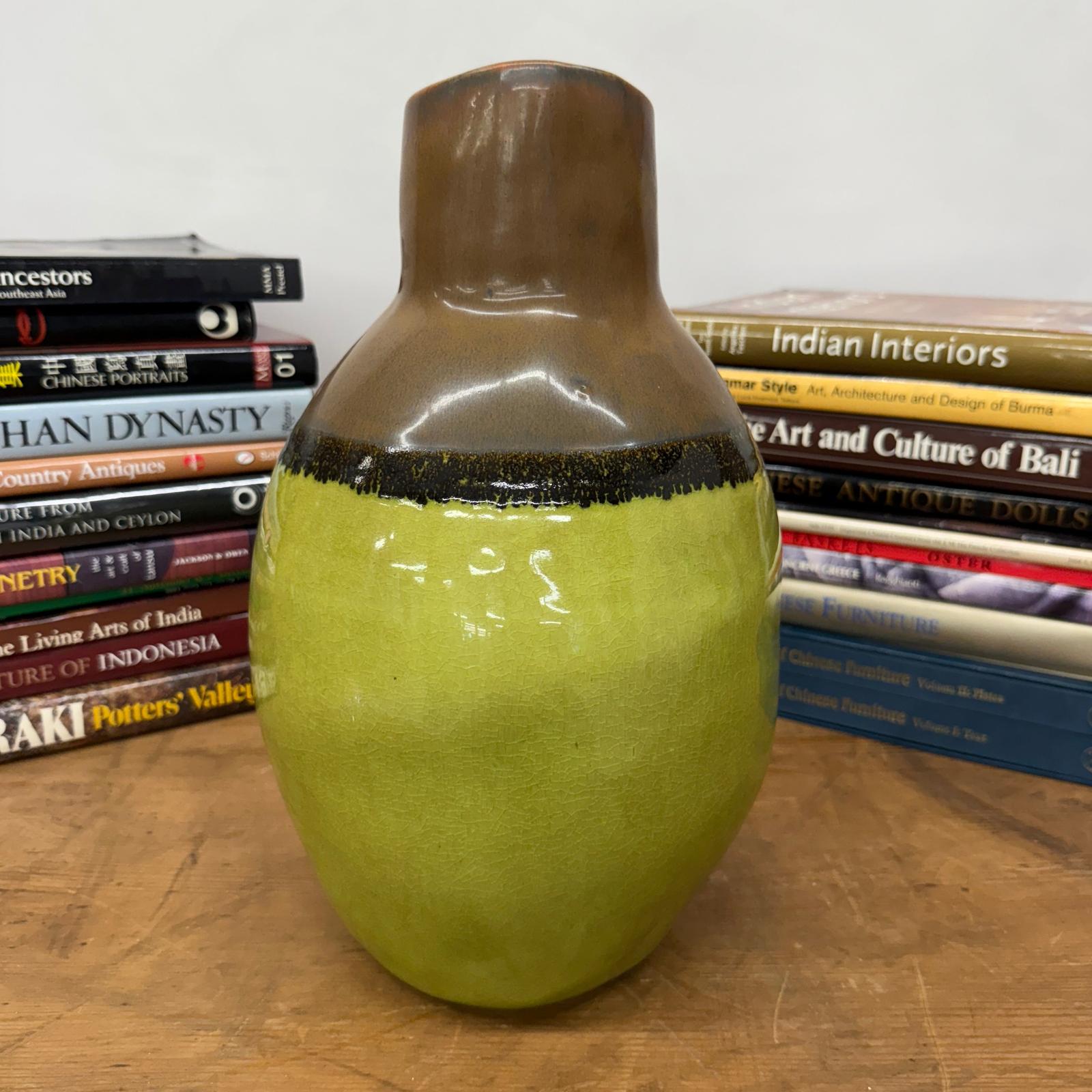 Round Pistachio Green Ceramic Vase with Brown Curved Top - FEA Home