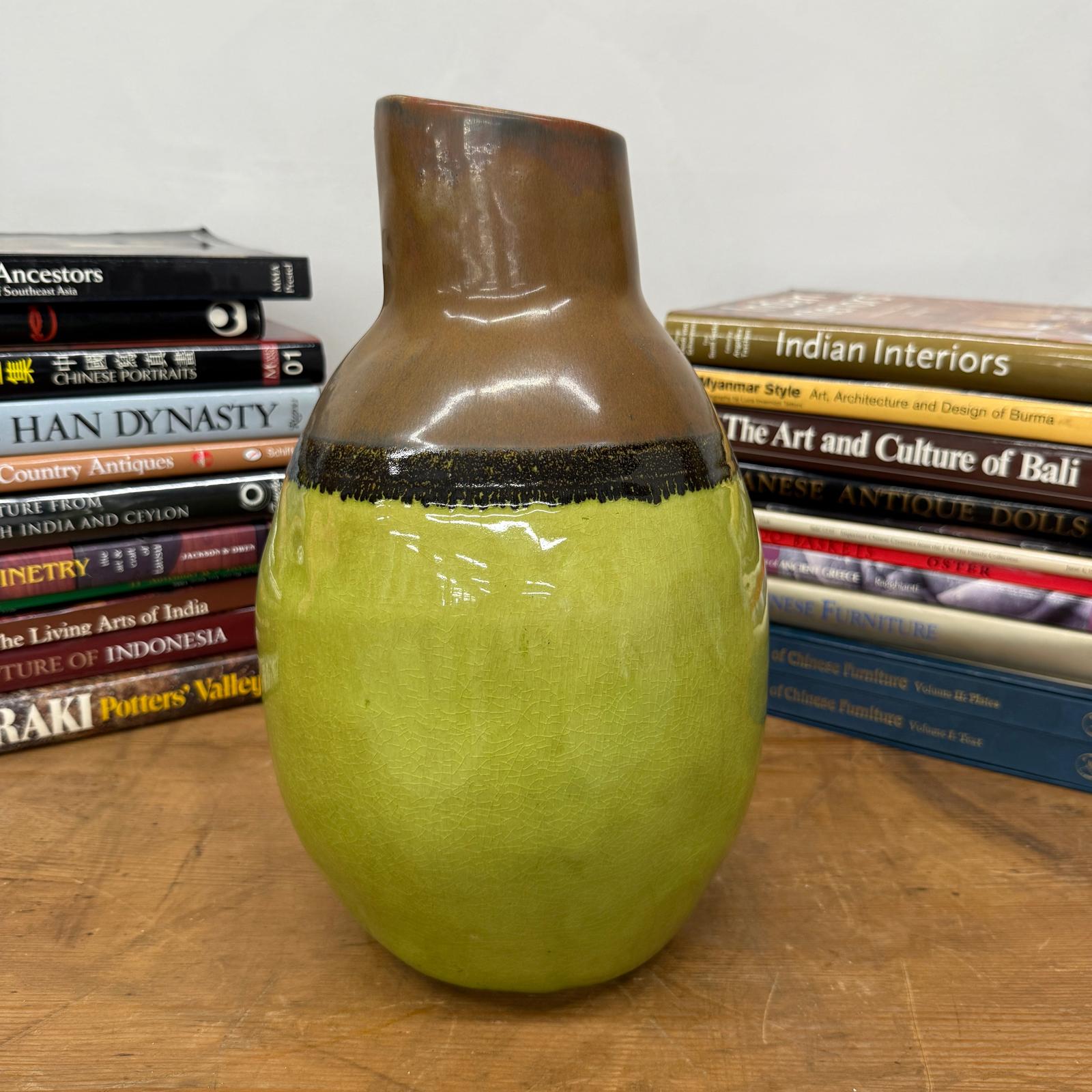Round Pistachio Green Ceramic Vase with Brown Curved Top - FEA Home
