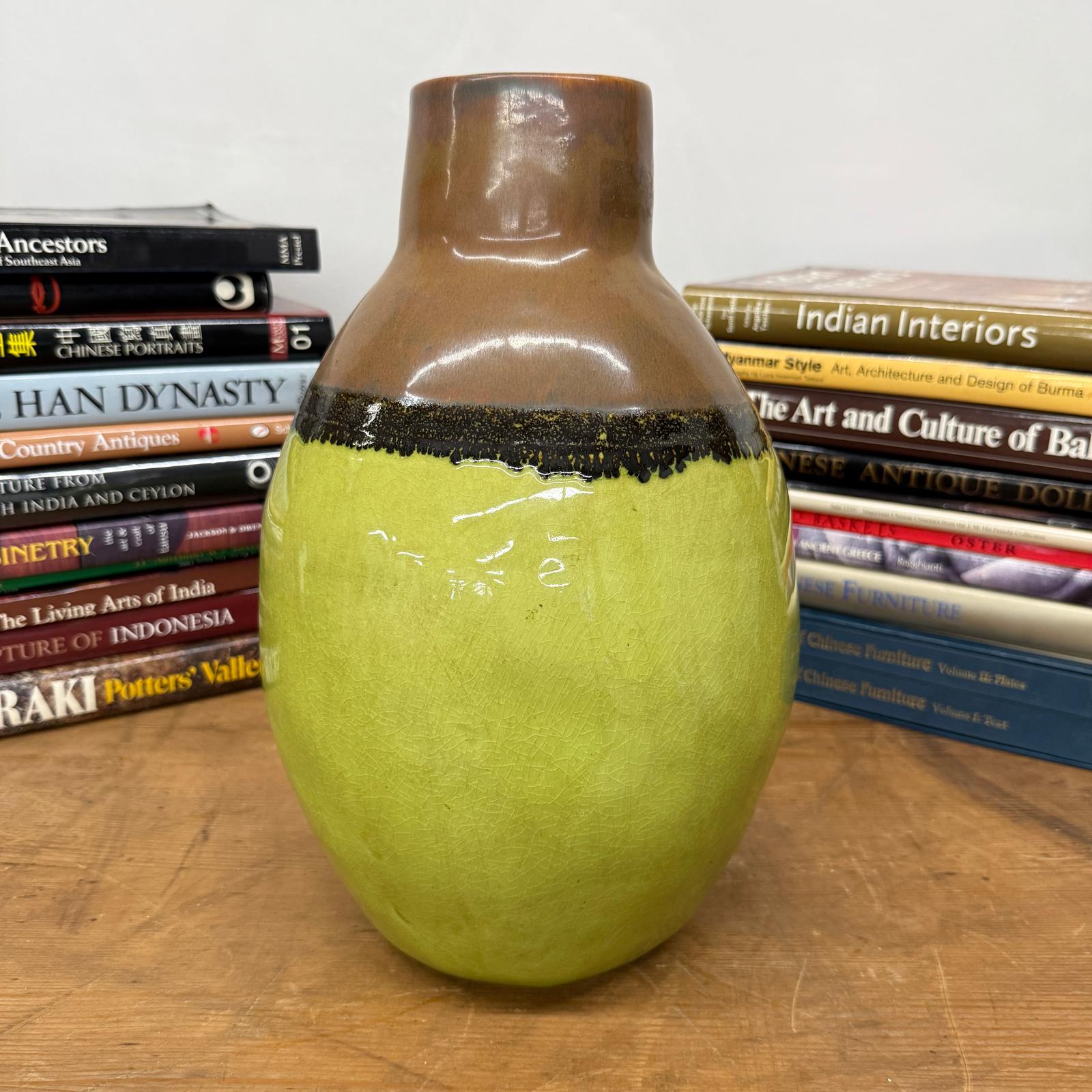 Round Pistachio Green Ceramic Vase with Brown Curved Top - FEA Home