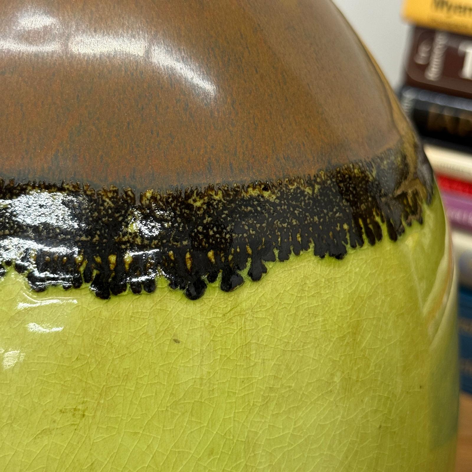 Round Pistachio Green Ceramic Vase with Brown Curved Top - FEA Home