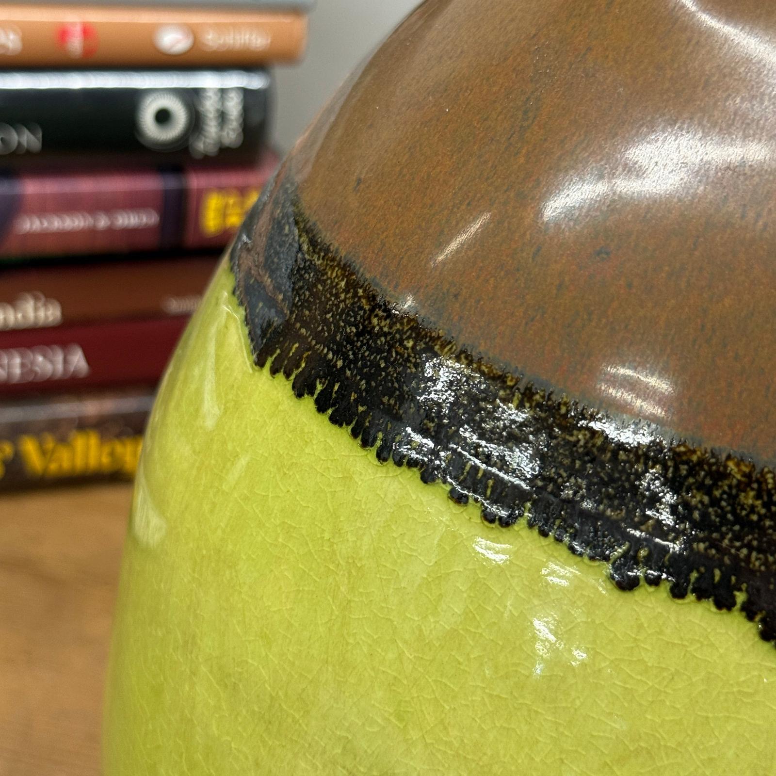 Round Pistachio Green Ceramic Vase with Brown Curved Top - FEA Home