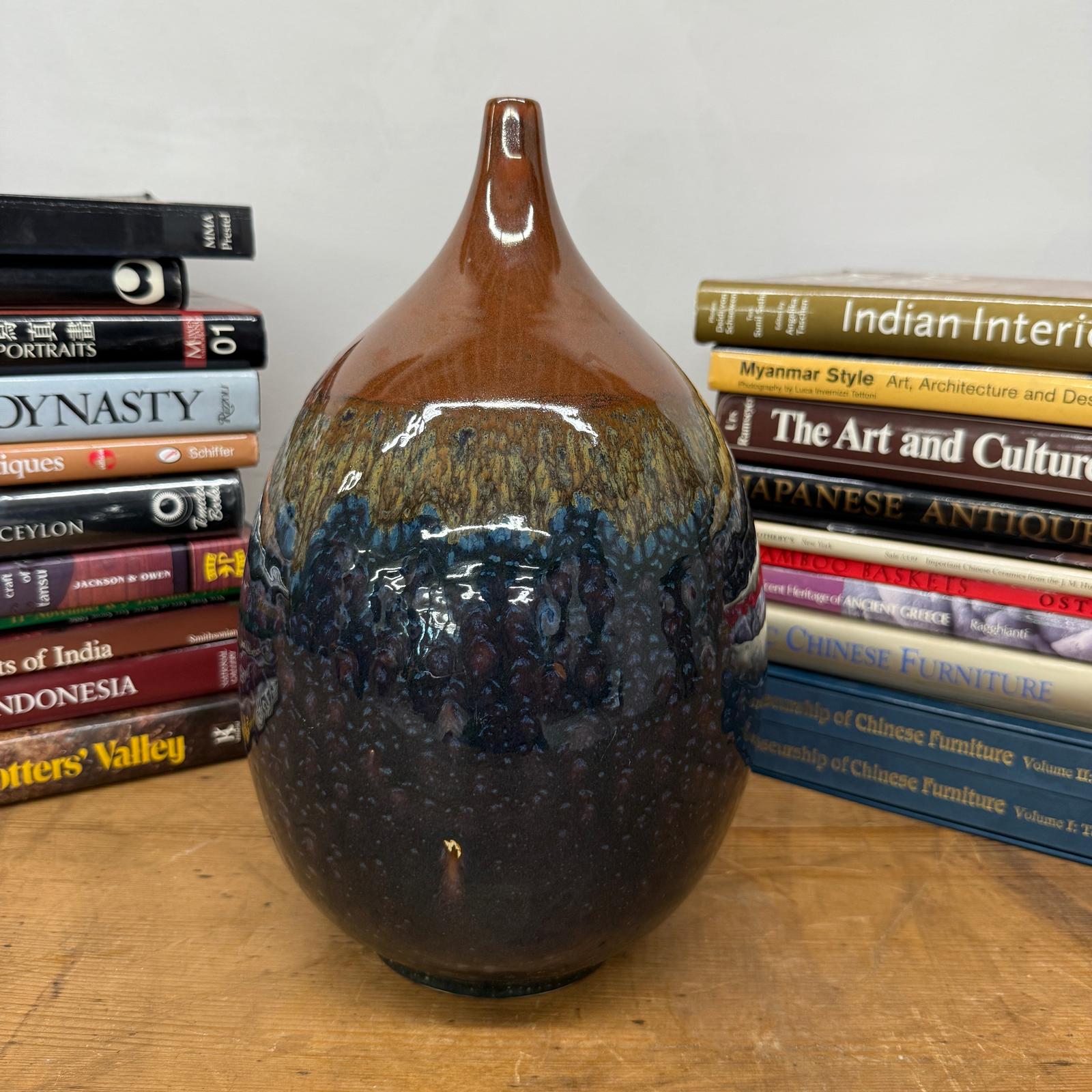 Rounded Brown and Blue Ceramic Vase with Narrow Neck, SKU , image 4
