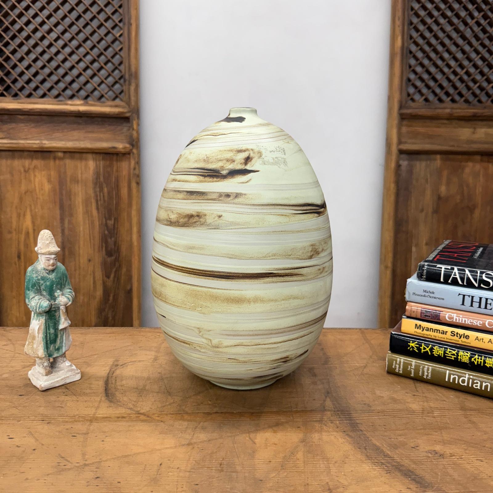 Rounded Cream and Brown Swirled Ceramic Vase - FEA Home