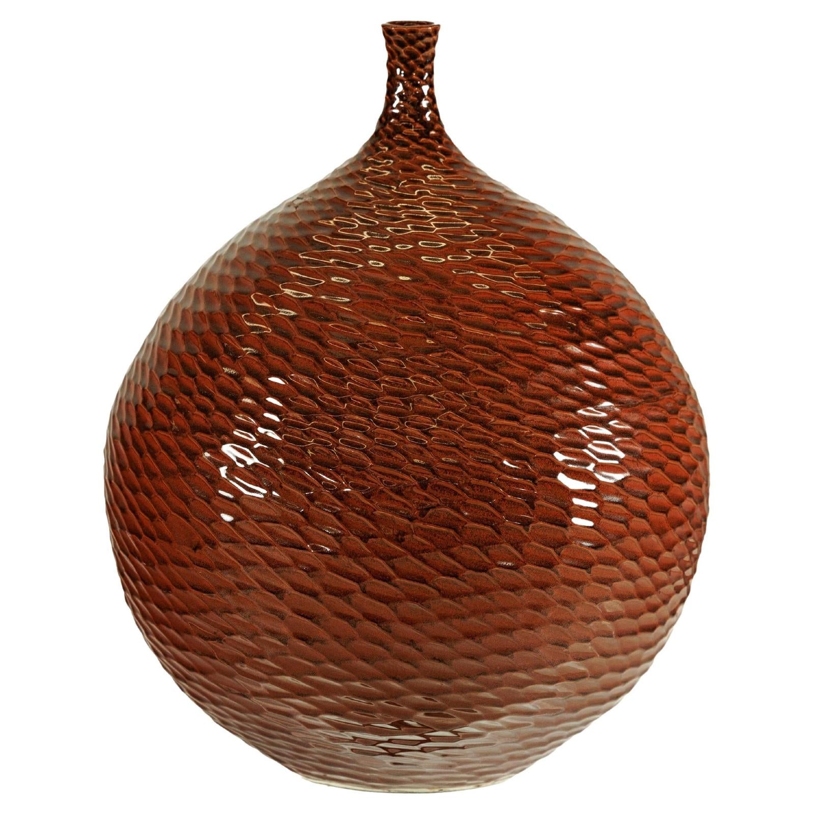 Rounded Red-Brown Glossy Textured Honeycomb Ceramic Vase - image 1