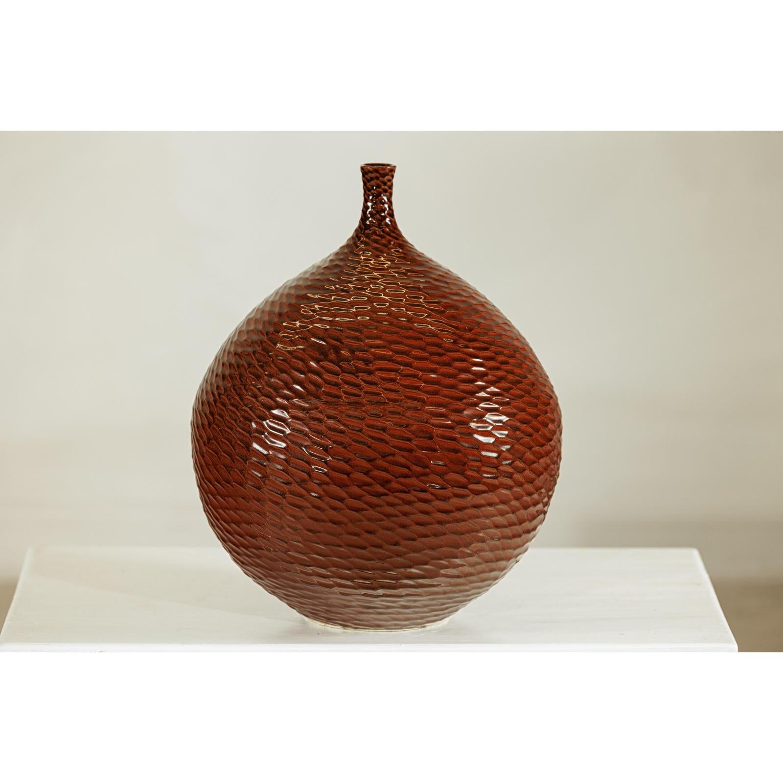 Rounded Red-Brown Glossy Textured Honeycomb Ceramic Vase - image 10