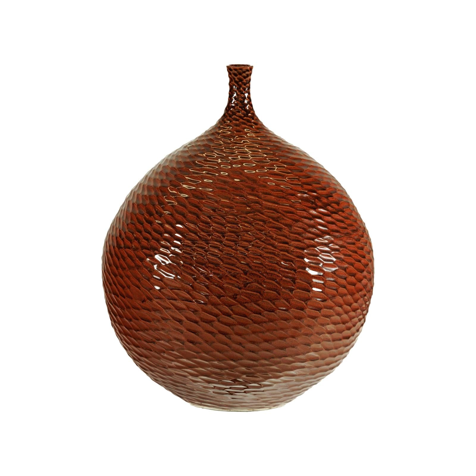 Rounded Red-Brown Glossy Textured Honeycomb Ceramic Vase - image 12