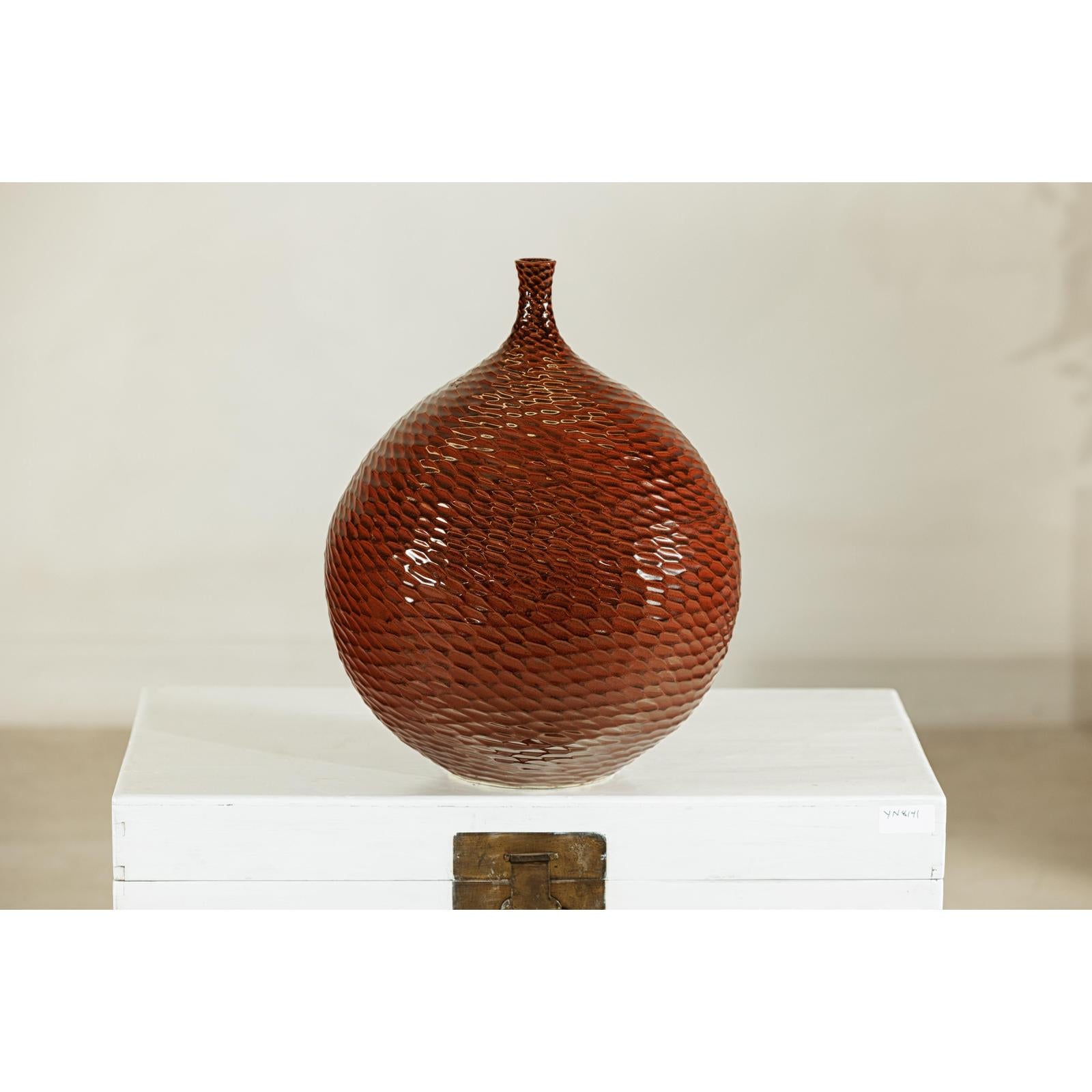 Rounded Red-Brown Glossy Textured Honeycomb Ceramic Vase - image 2