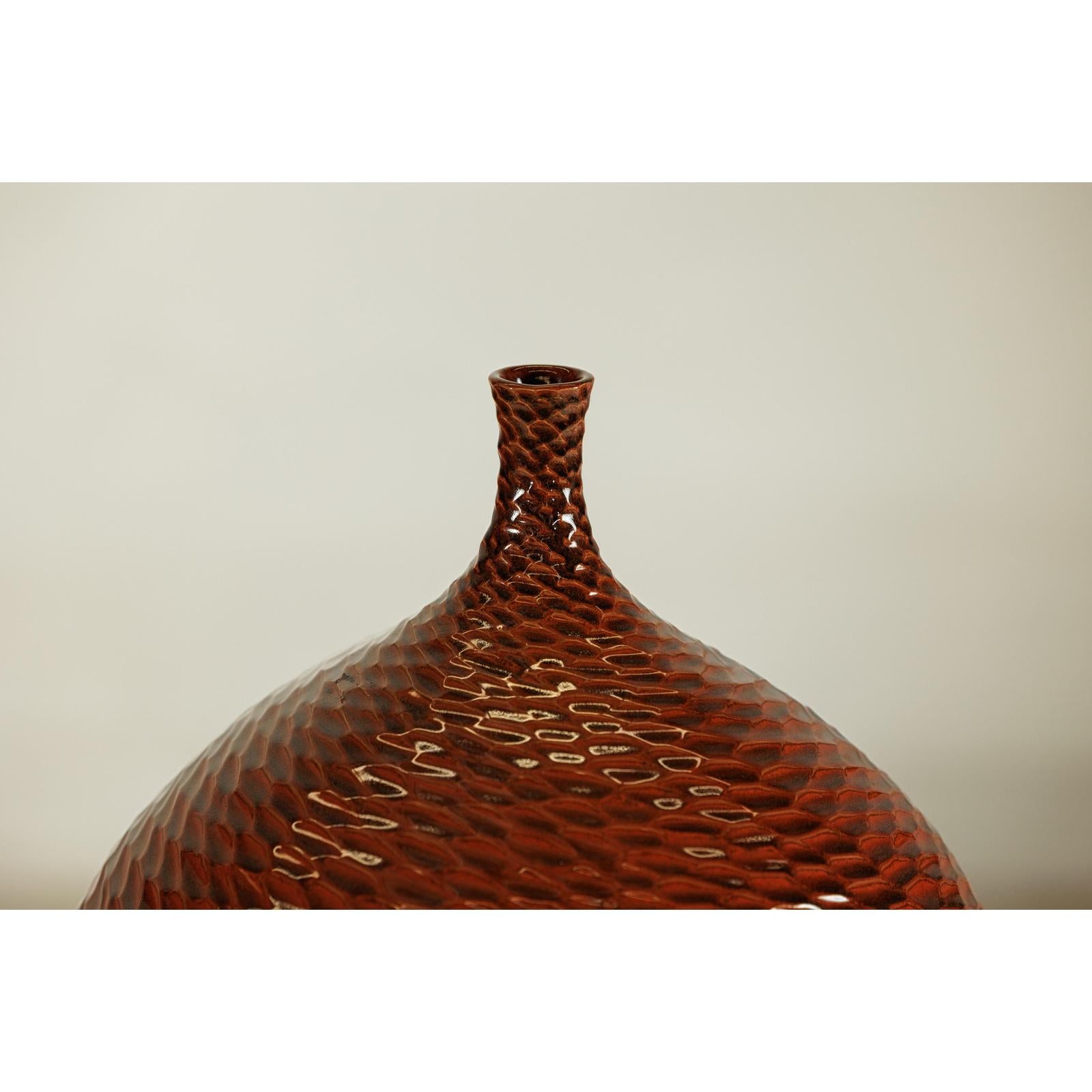 Rounded Red-Brown Glossy Textured Honeycomb Ceramic Vase - image 5