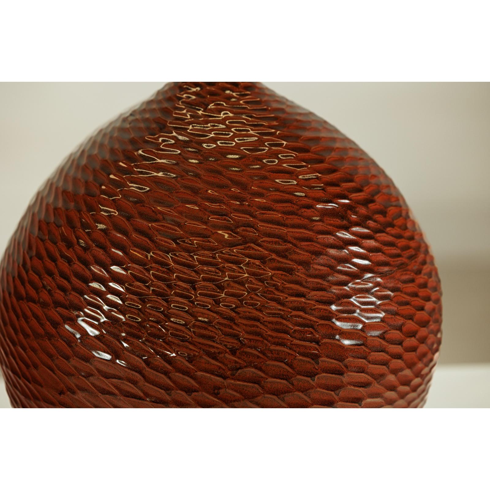 Rounded Red-Brown Glossy Textured Honeycomb Ceramic Vase - image 6