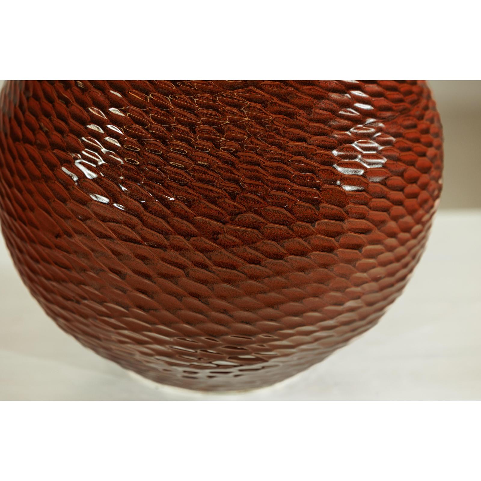 Rounded Red-Brown Glossy Textured Honeycomb Ceramic Vase - image 7