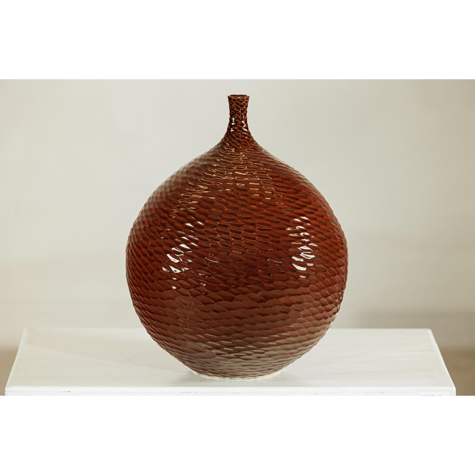 Rounded Red-Brown Glossy Textured Honeycomb Ceramic Vase - image 9