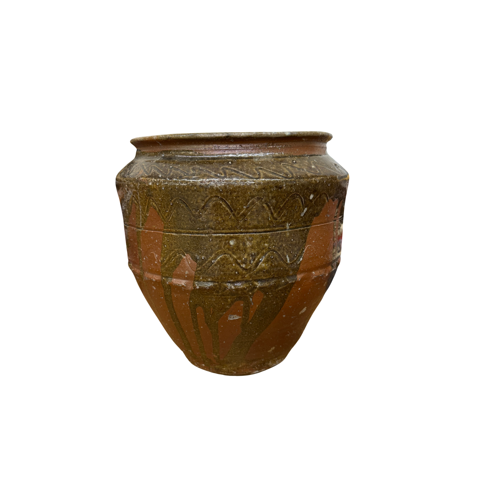 Rustic Brown Pottery Planter Jar with Pattern and Drip Glaze - FEA Home