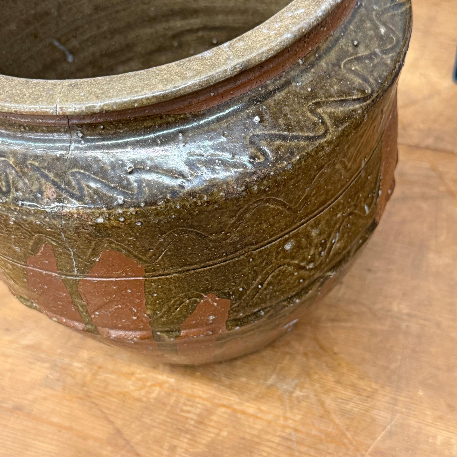 Rustic Brown Pottery Planter Jar with Pattern and Drip Glaze - FEA Home