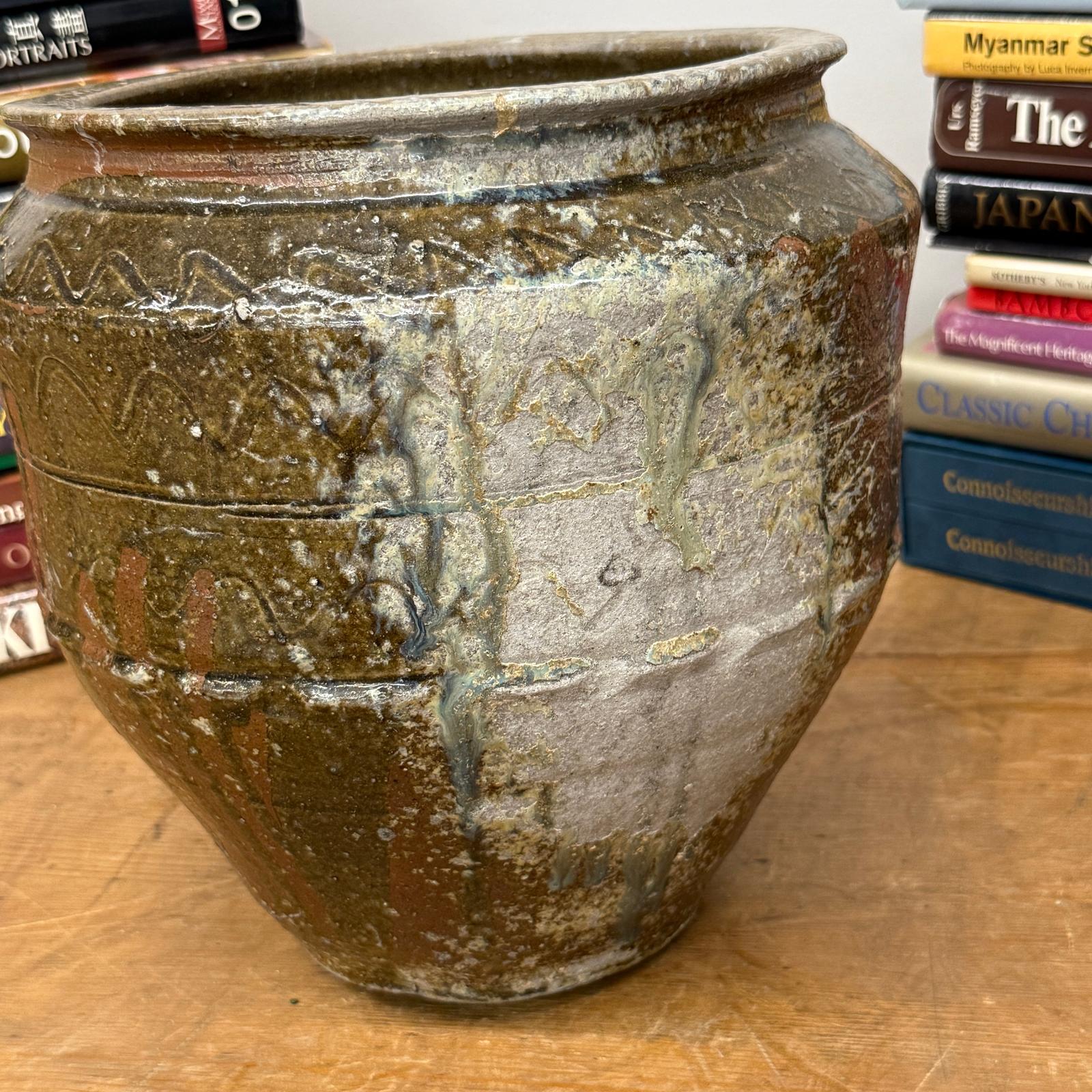 Rustic Brown Pottery Planter Jar with Pattern and Drip Glaze - FEA Home