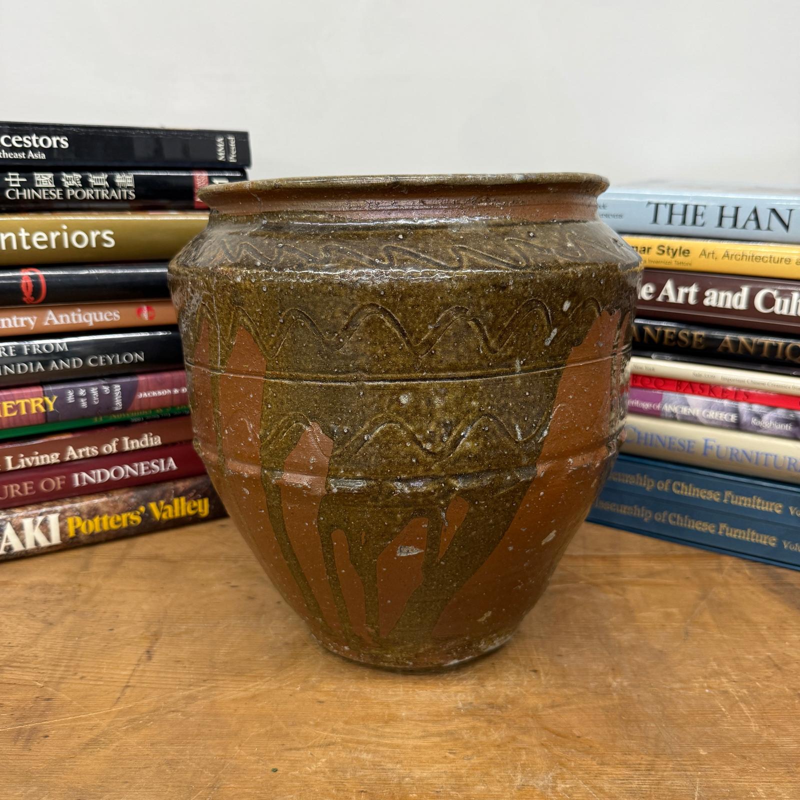 Rustic Brown Pottery Planter Jar with Pattern and Drip Glaze - FEA Home