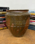 Rustic Brown Pottery Planter Jar with Pattern and Drip Glaze - FEA Home