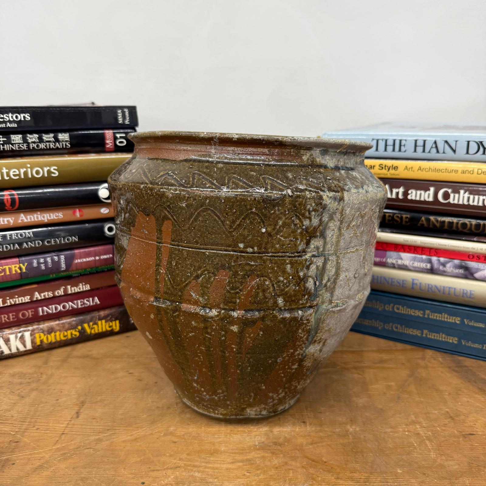 Rustic Brown Pottery Planter Jar with Pattern and Drip Glaze - FEA Home
