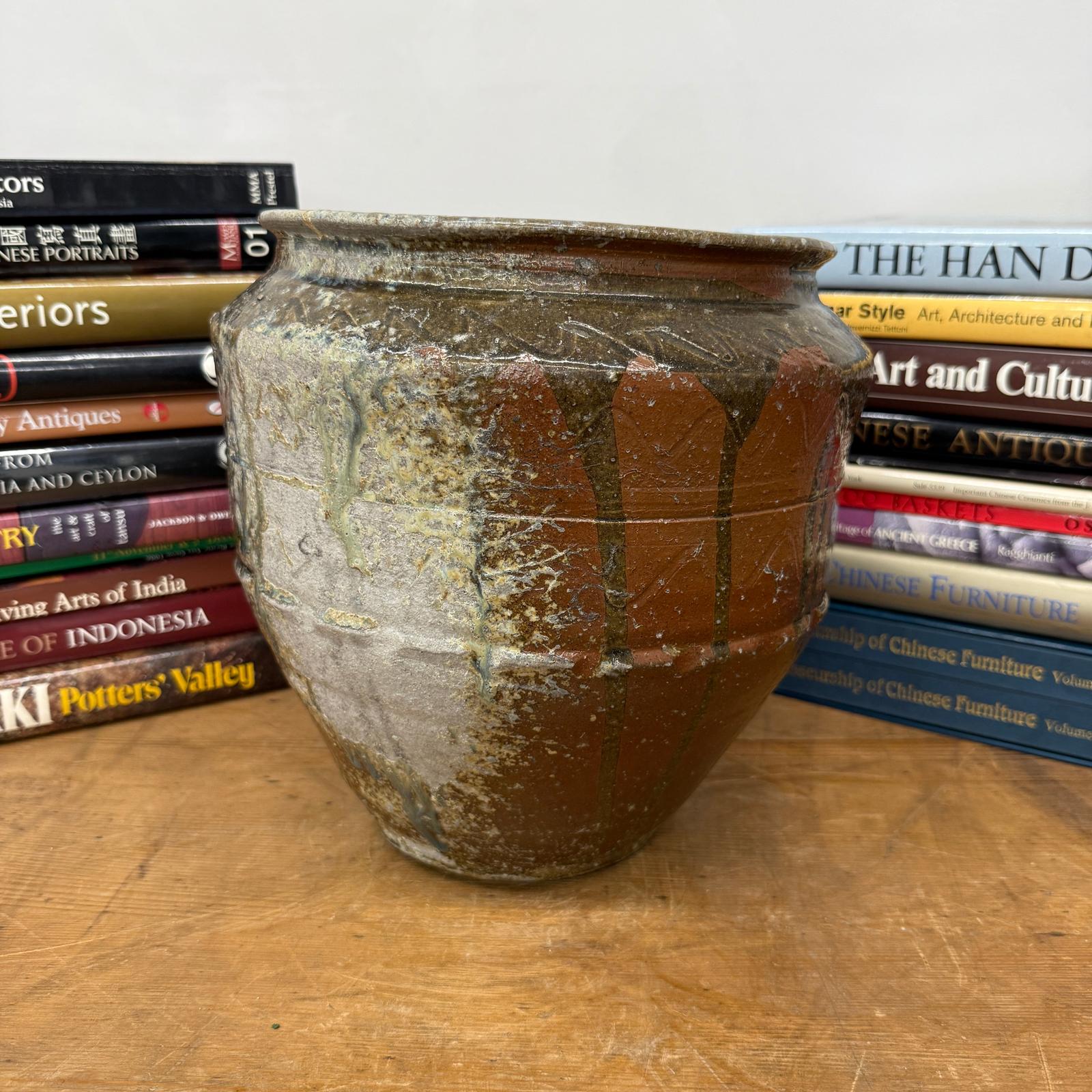 Rustic Brown Pottery Planter Jar with Pattern and Drip Glaze - FEA Home