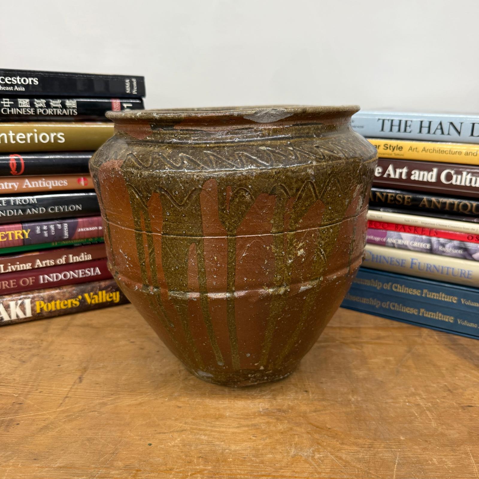 Rustic Brown Pottery Planter Jar with Pattern and Drip Glaze - FEA Home