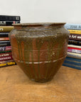 Rustic Brown Pottery Planter Jar with Pattern and Drip Glaze - FEA Home