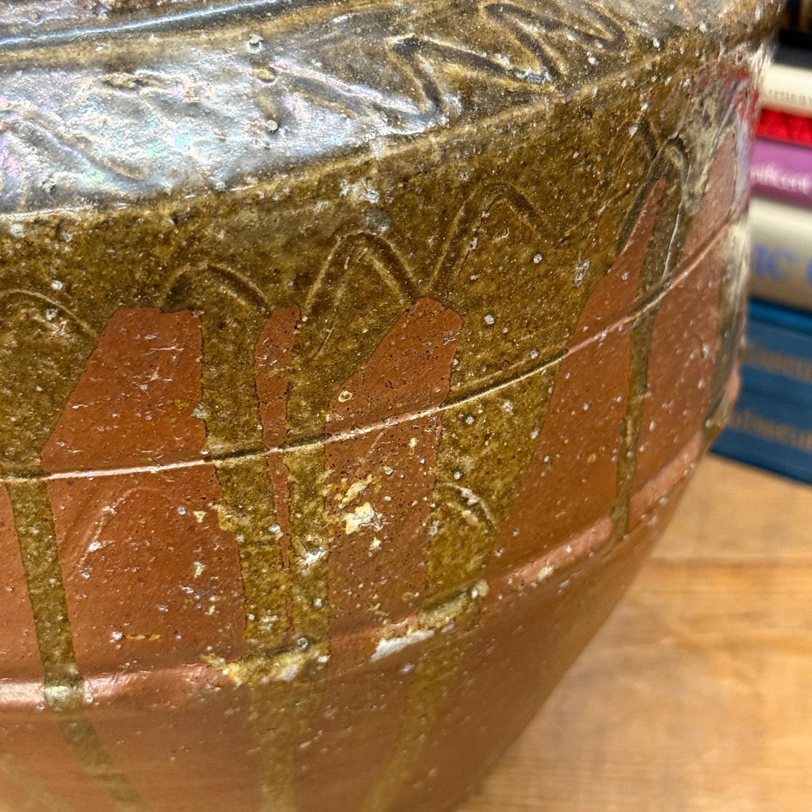 Rustic Brown Pottery Planter Jar with Pattern and Drip Glaze - FEA Home
