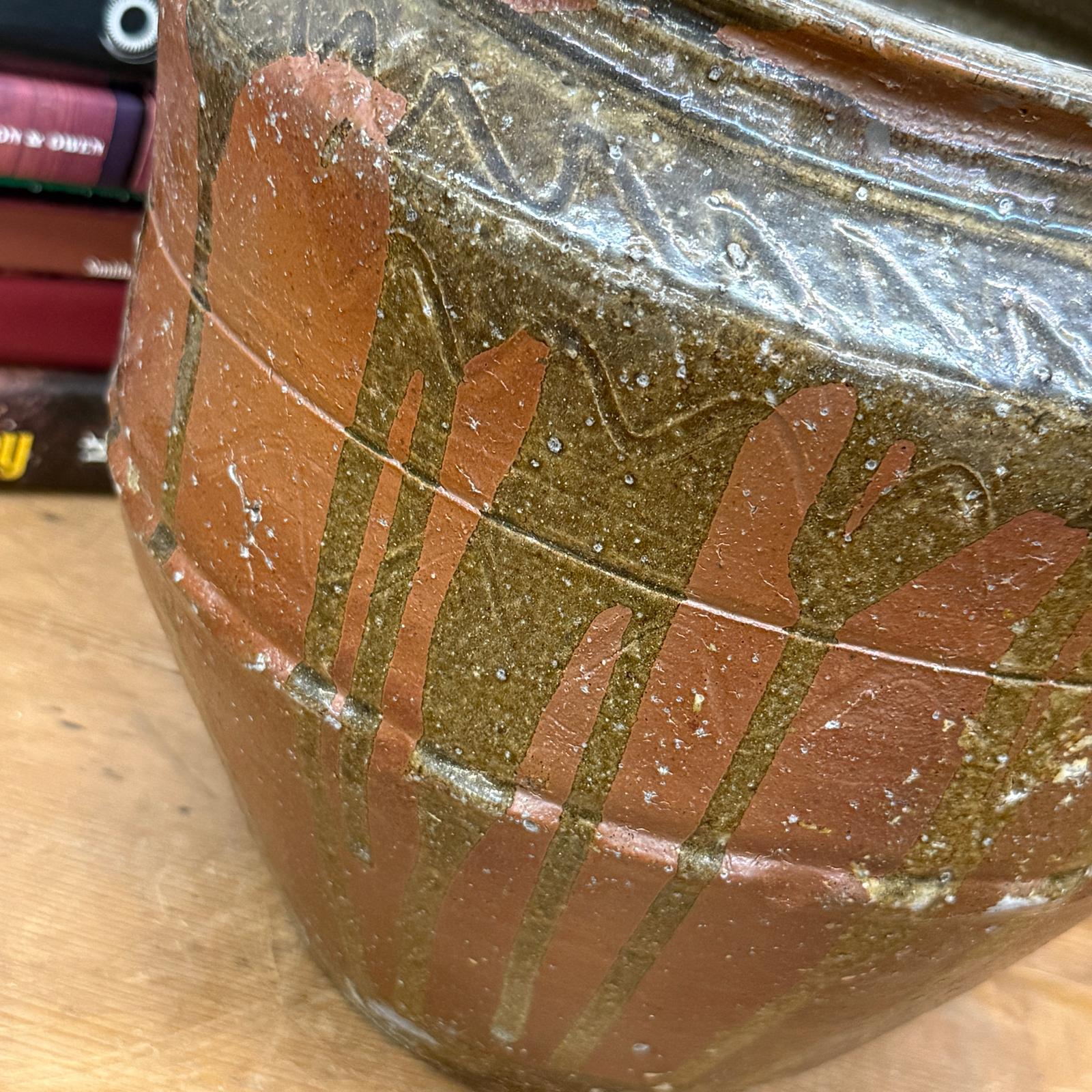 Rustic Brown Pottery Planter Jar with Pattern and Drip Glaze - FEA Home