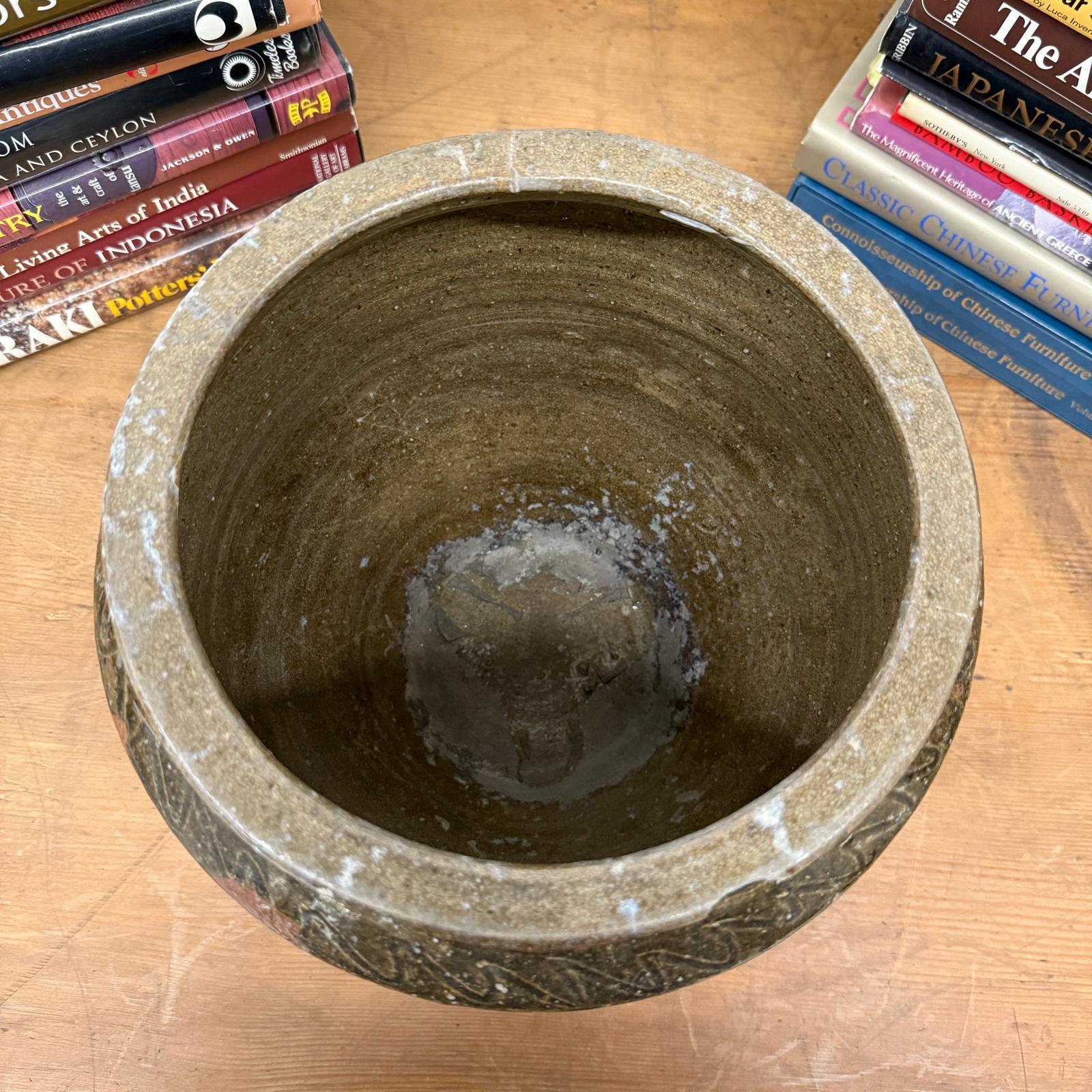Rustic Brown Pottery Planter Jar with Pattern and Drip Glaze - FEA Home